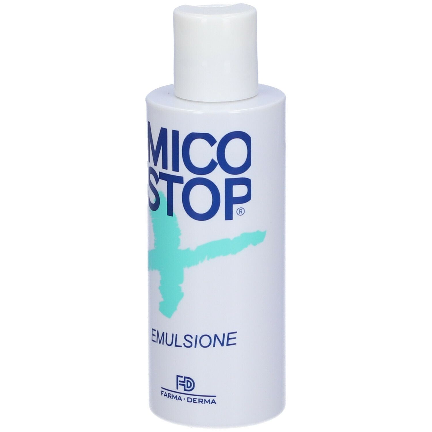 Flacone bianco con logo blu e scritta MICO STOP. Scritta: EMULSIONE. Marchio FARMA-DERMA.