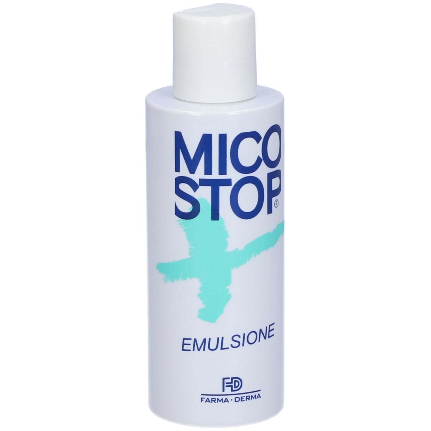 Flacone bianco con logo blu e scritta MICO STOP. Scritta: EMULSIONE. Marchio FARMA-DERMA.