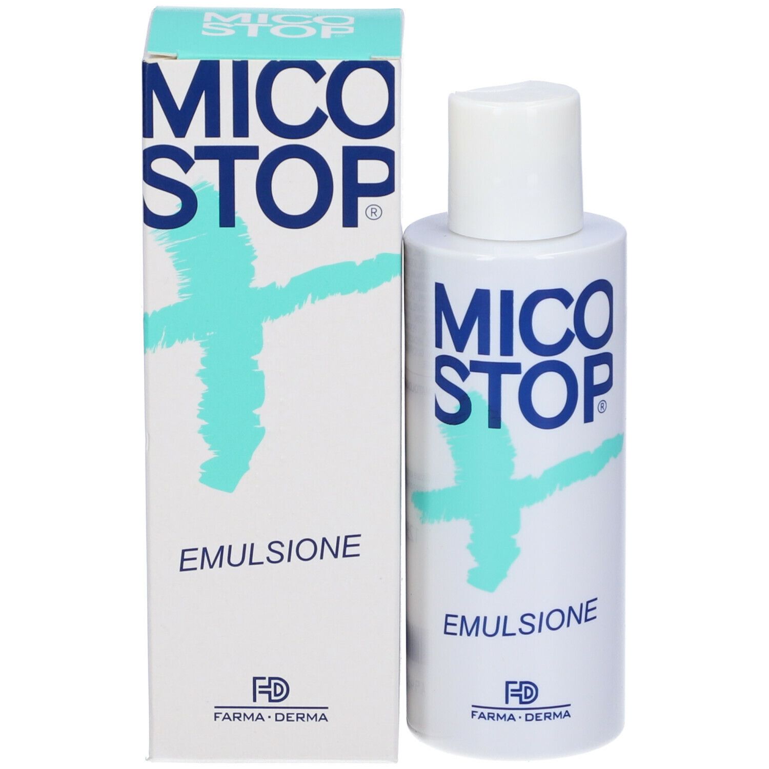 Confezione del prodotto con flacone. Scritta MICO STOP e EMULSIONE. Marchio FARMA-DERMA. Bianco e blu.