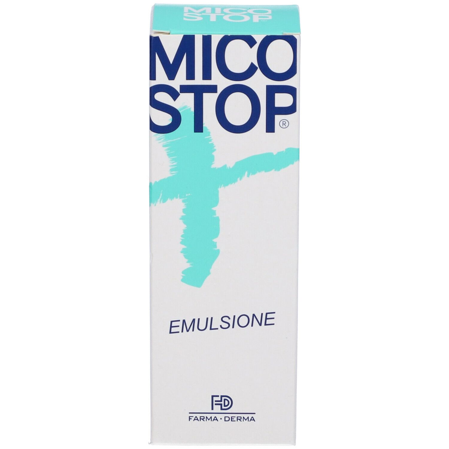 Confezione del prodotto. Scritta MICO STOP e EMULSIONE. Marchio FARMA-DERMA. Bianco e blu.