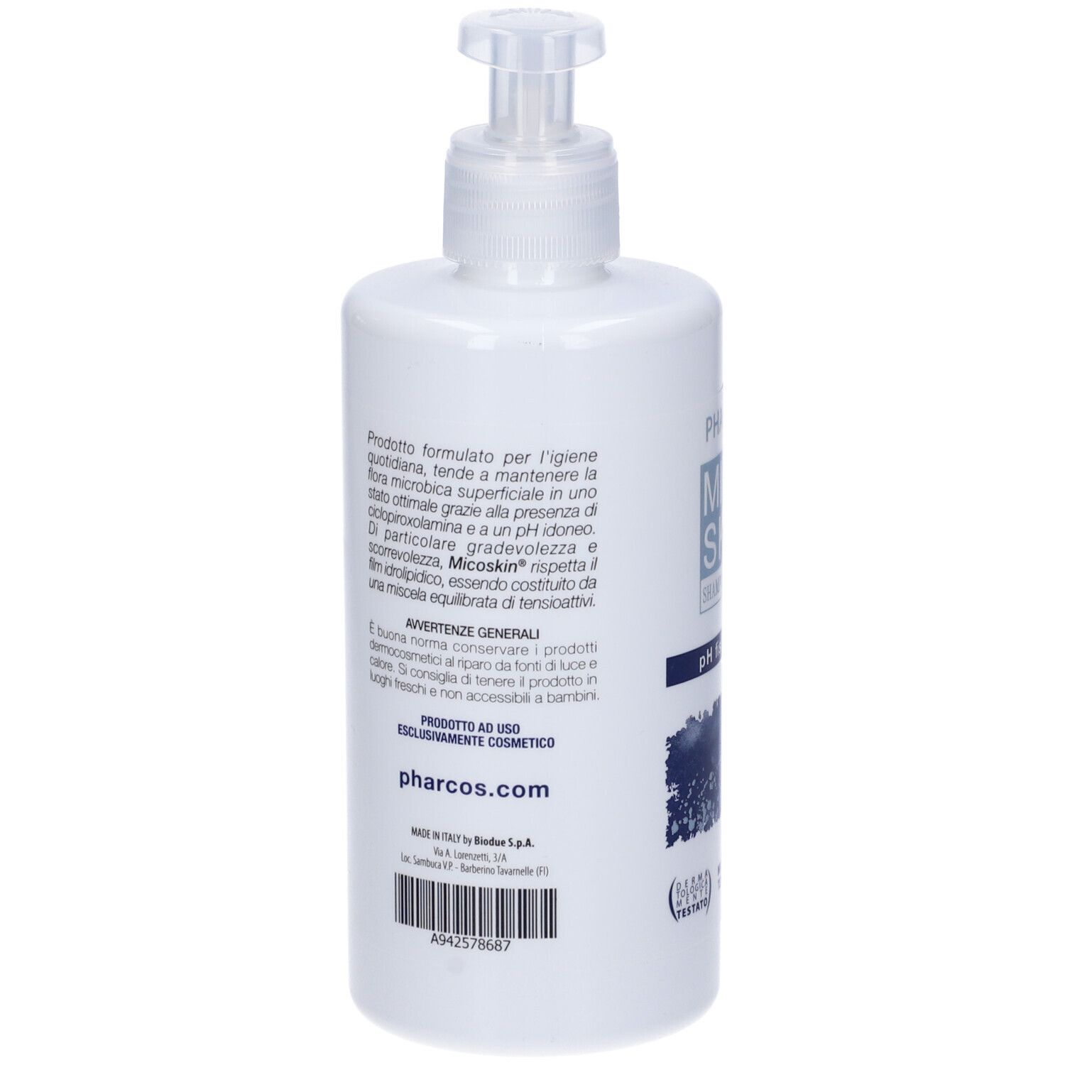 Retro di flacone bianco con dosatore. Testo: Prodotto per l'igiene. Produttore: Pharcos. Codice a barre e altre informazioni.