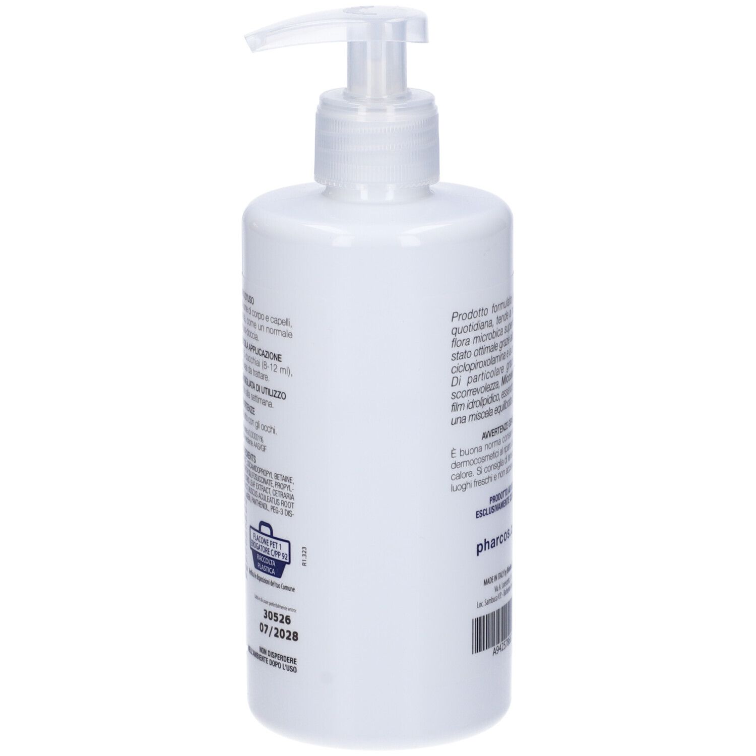 Retro di flacone bianco con dosatore. Testo: Applicazione, dosaggio, precauzioni. Produttore: Pharcos. Data di scadenza.