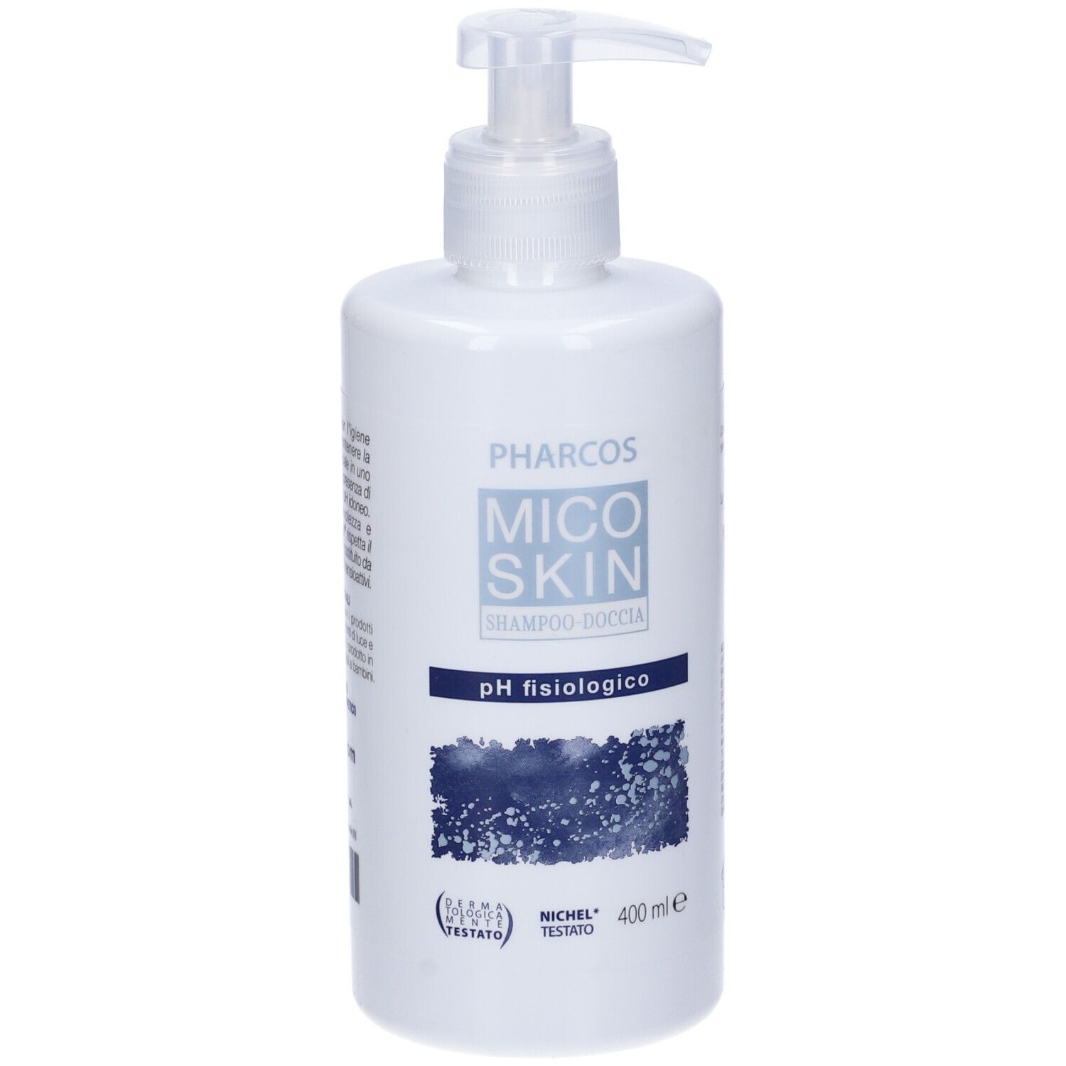 Flacone bianco con dosatore. Scritta: PHARCOS MICOSKIN Shampoo-doccia pH fisiologico. 400 ml. Testato dermatologicamente.
