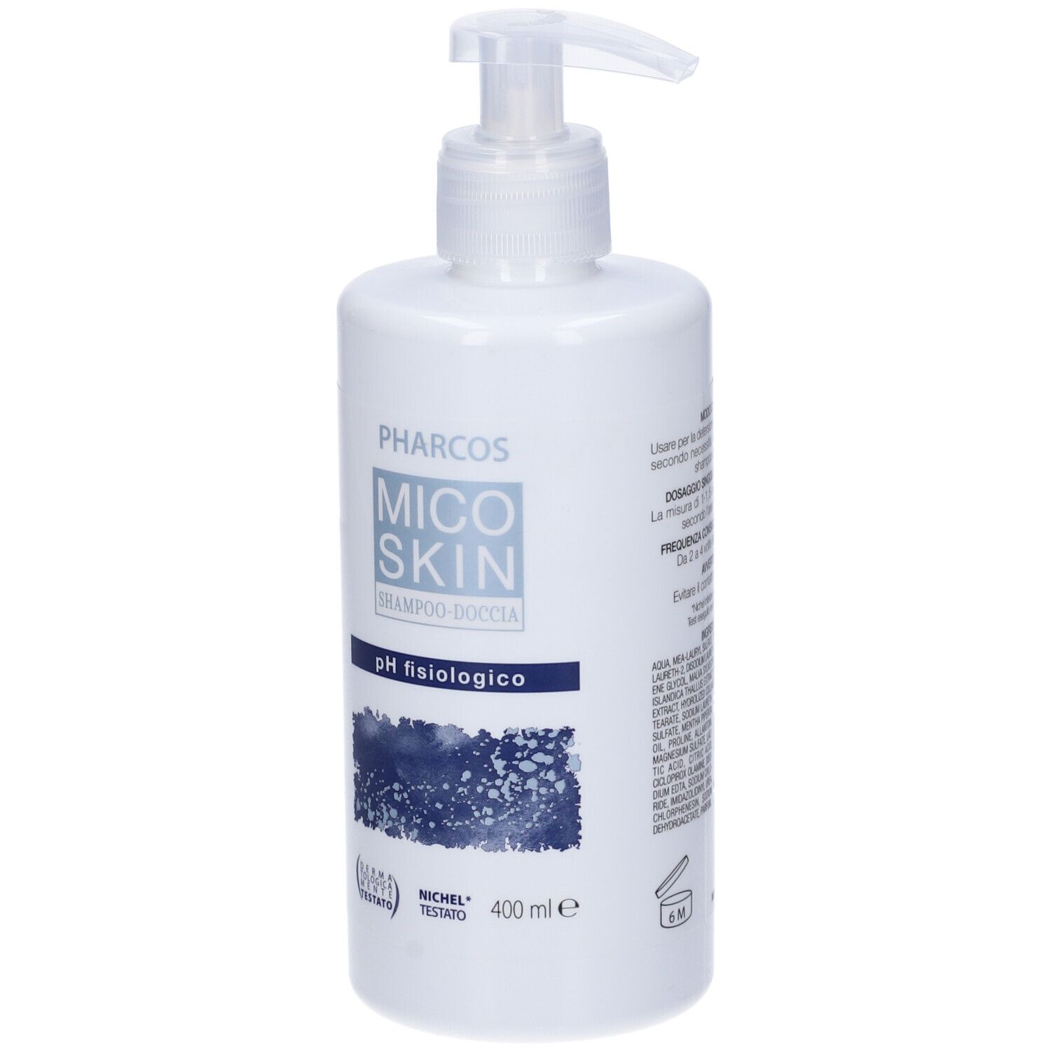 Flacone bianco con dosatore. Scritta: PHARCOS MICOSKIN Shampoo-doccia pH fisiologico. 400 ml. Testato dermatologicamente.
