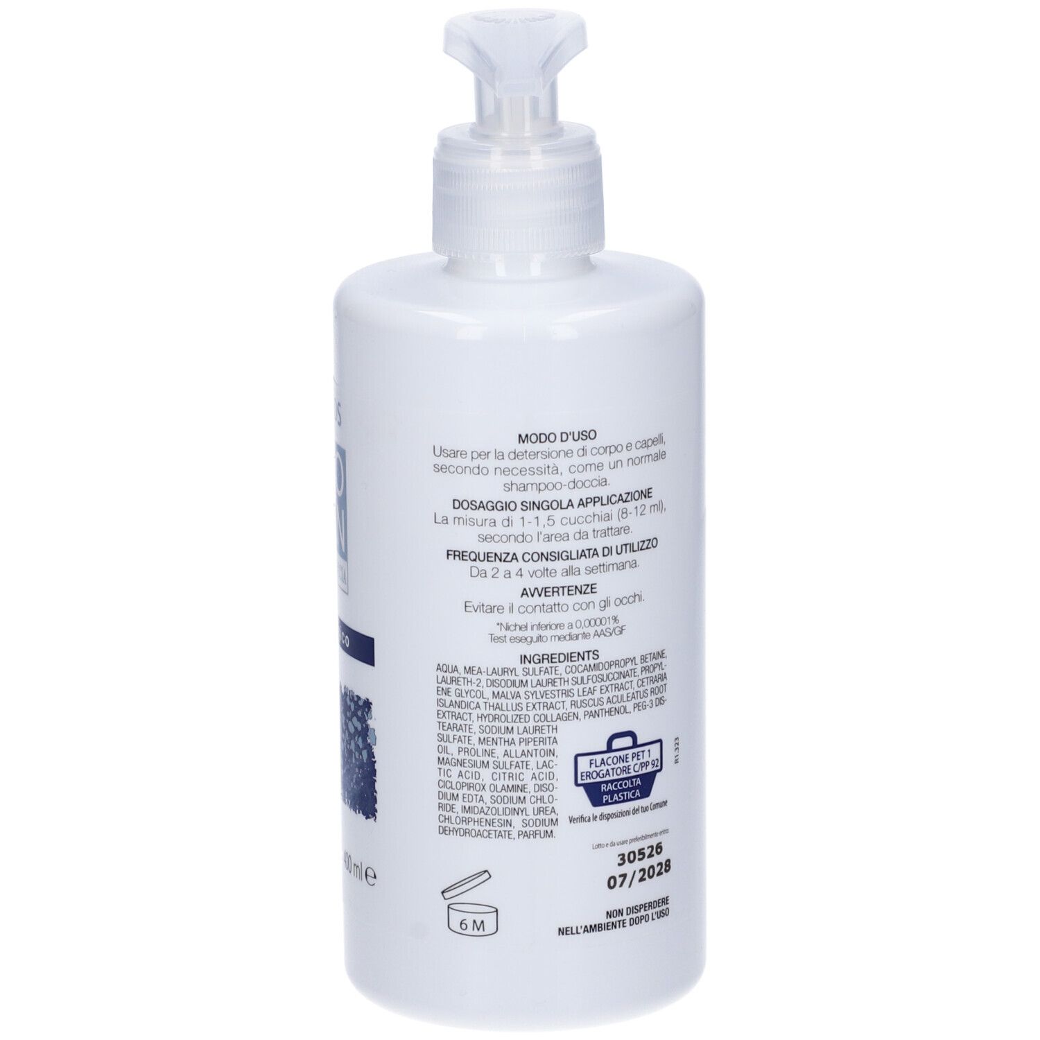 Retro di flacone bianco con dosatore. Testo: Uso, dosaggio, ingredienti. Produttore: Pharcos. Data di scadenza.