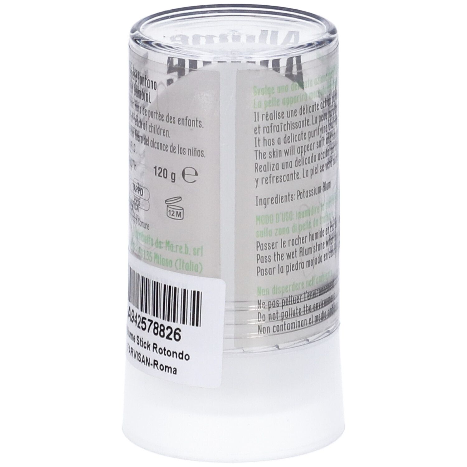 Contenitore cilindrico con prodotto. Scritta: 120 g. Informazioni sugli ingredienti e il produttore.