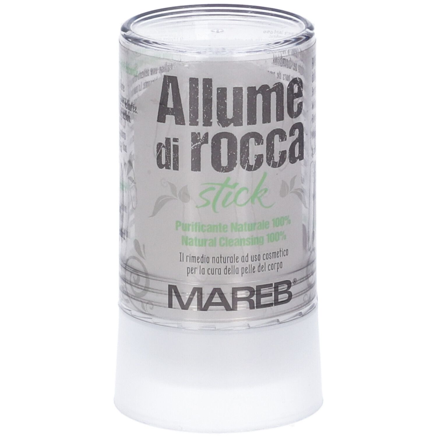 Contenitore cilindrico con prodotto. Scritta: Allume di Rocca stick, Mareb. Detergente naturale.