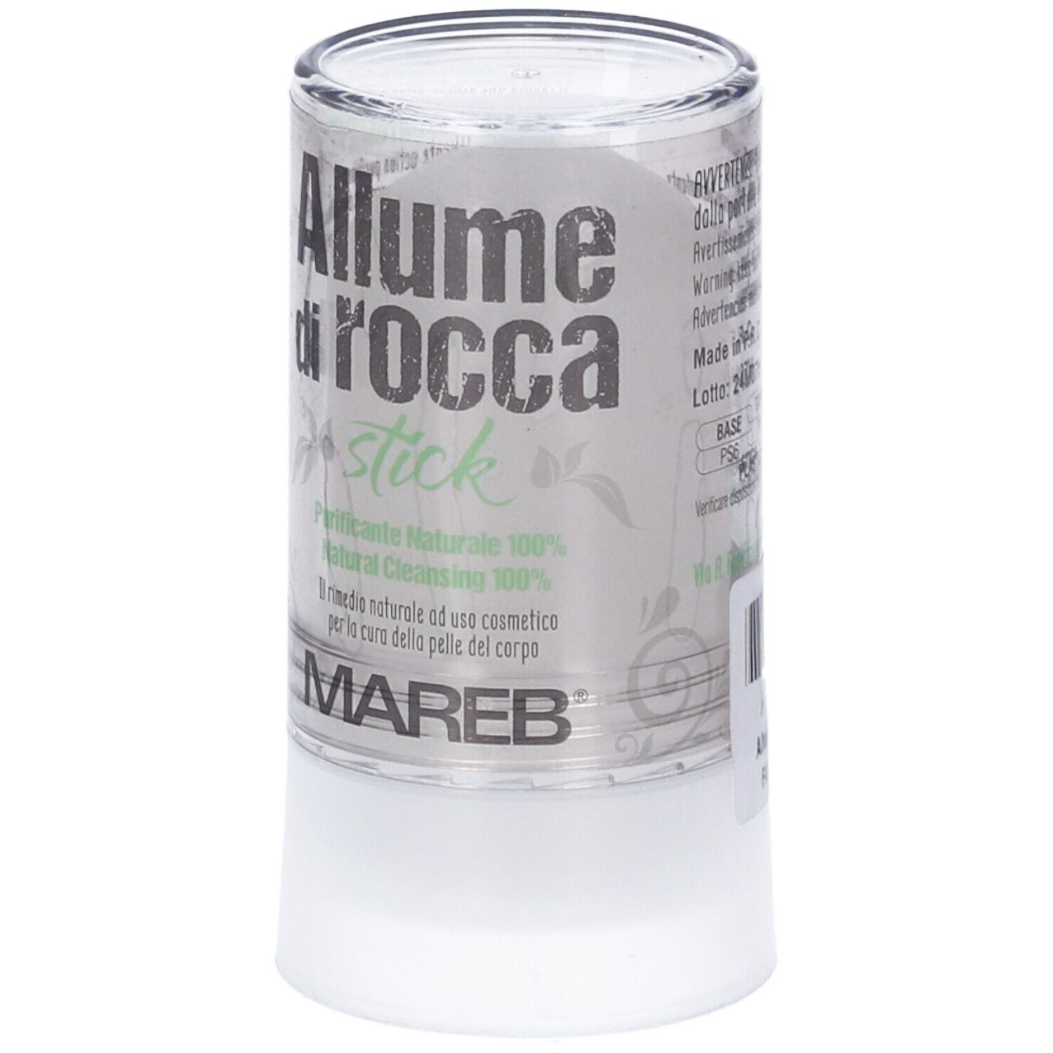Contenitore cilindrico con prodotto. Scritta: Allume di Rocca stick, Mareb. Detergente naturale.