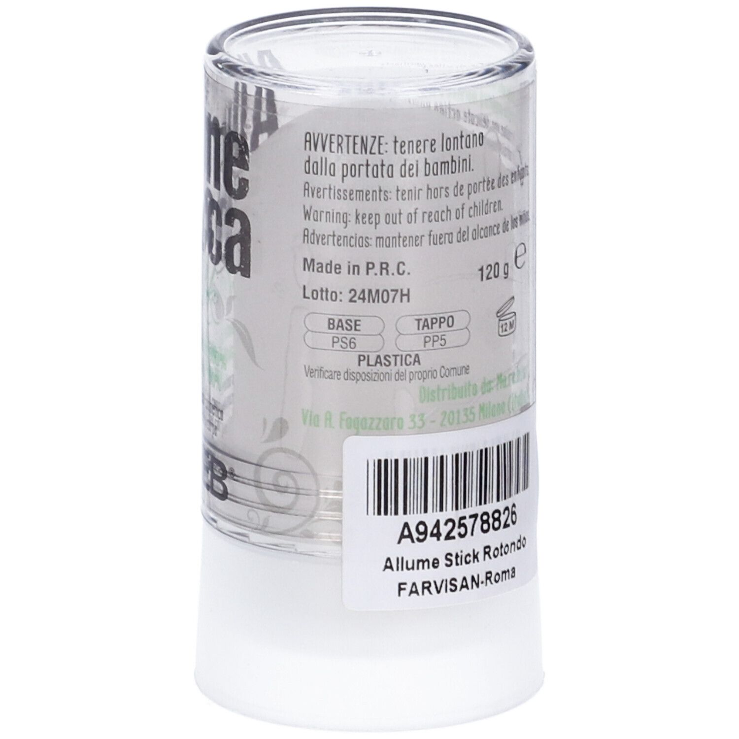 Contenitore cilindrico con prodotto. Scritta: 120 g. Avvertenze e informazioni sul produttore.