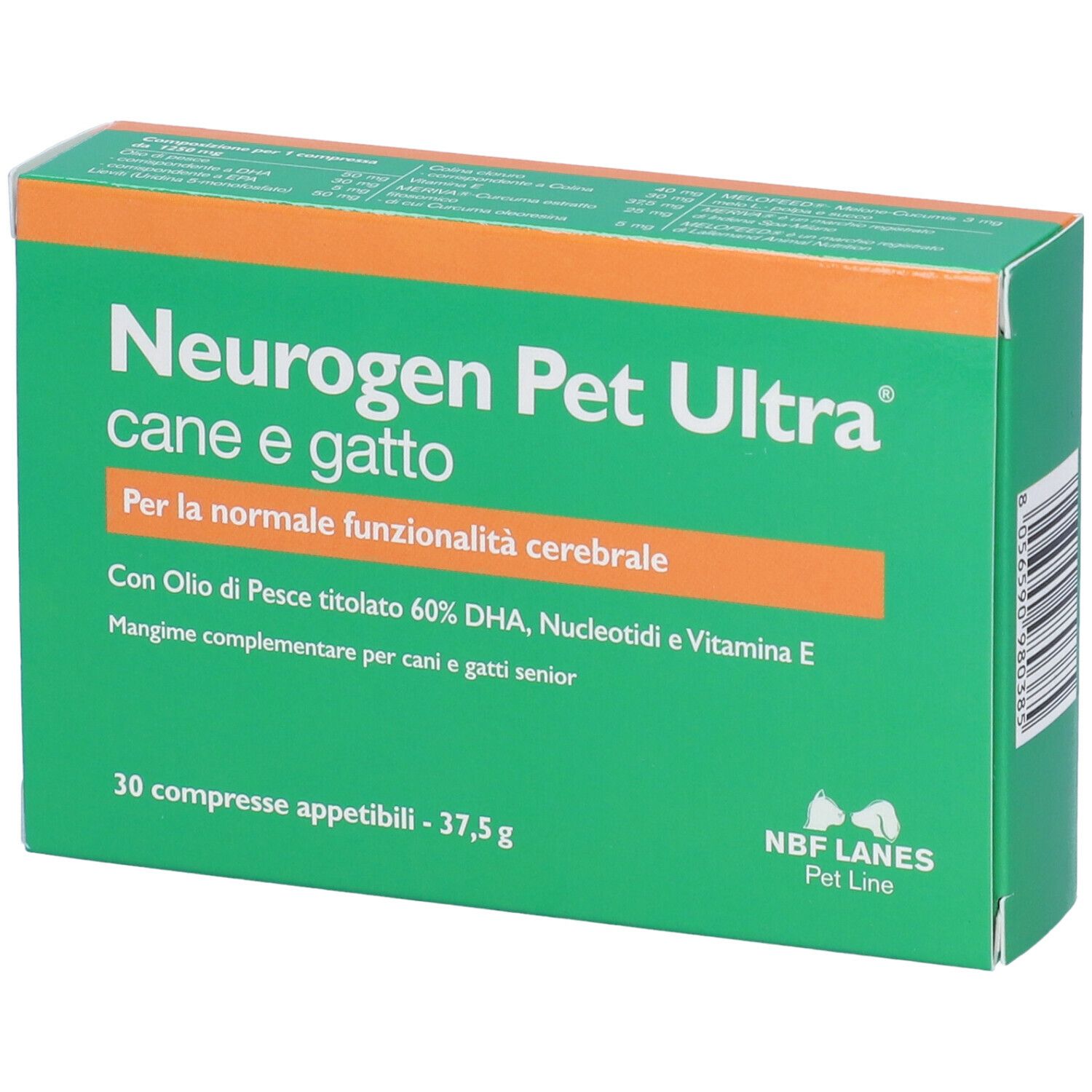 Scatola verde "Neurogen Pet Ultra". Contiene 30 compresse. Striscia arancione in alto. Logo NBF LANES.