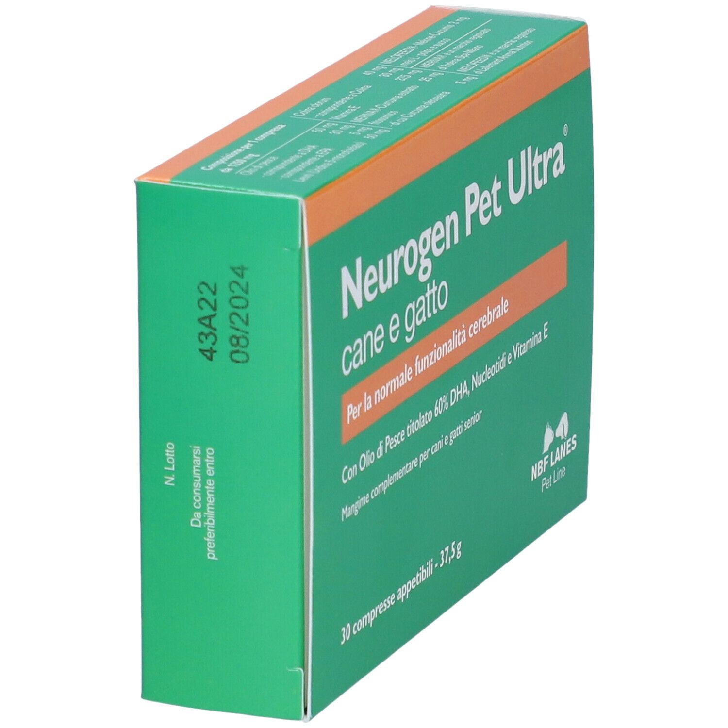 Scatola verde inclinata. "Neurogen Pet Ultra". Striscia arancione. Logo NBF LANES. Scadenza 08/2024.