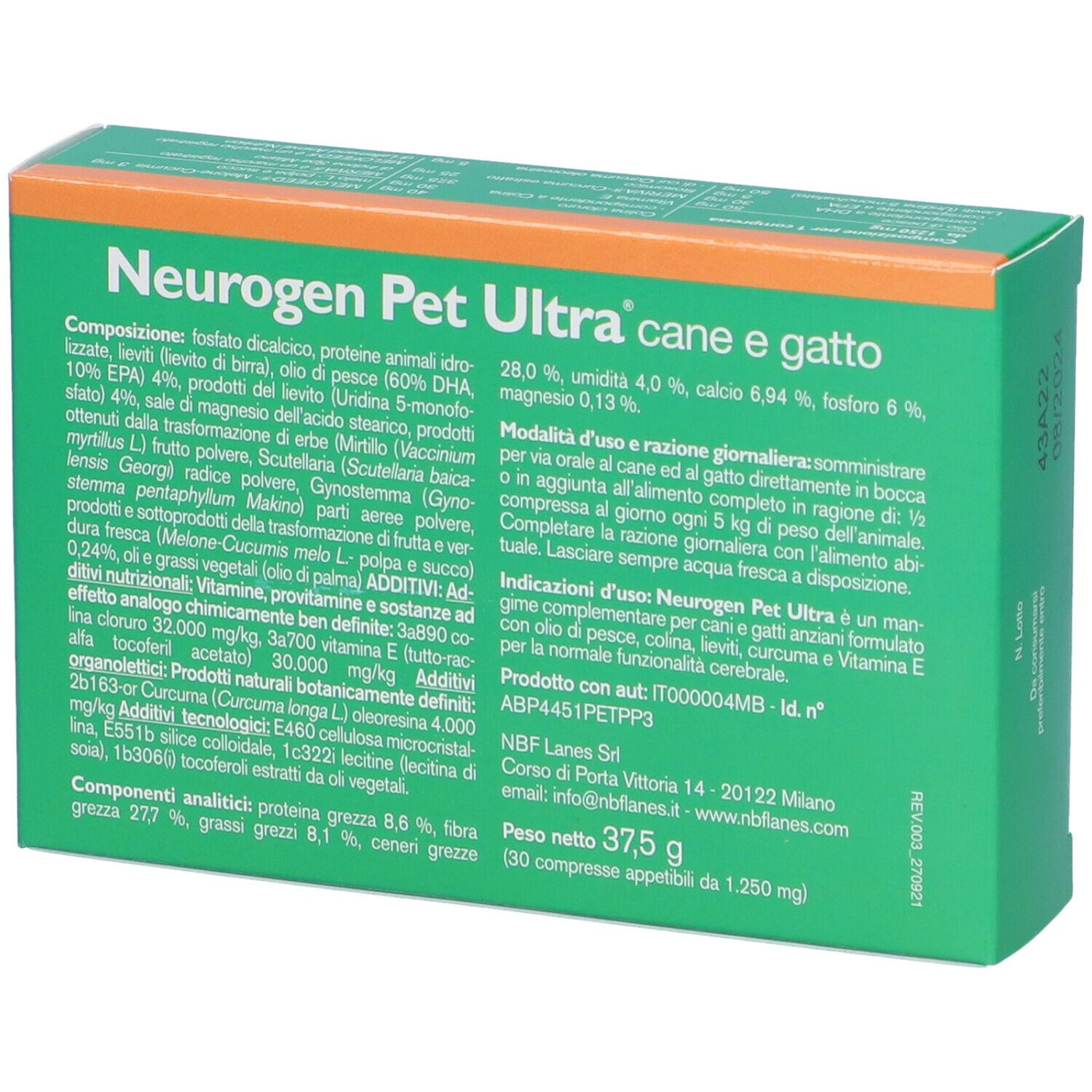 Retro della scatola verde. Testo con ingredienti e istruzioni. Logo "Neurogen Pet Ultra". Logo NBF LANES.