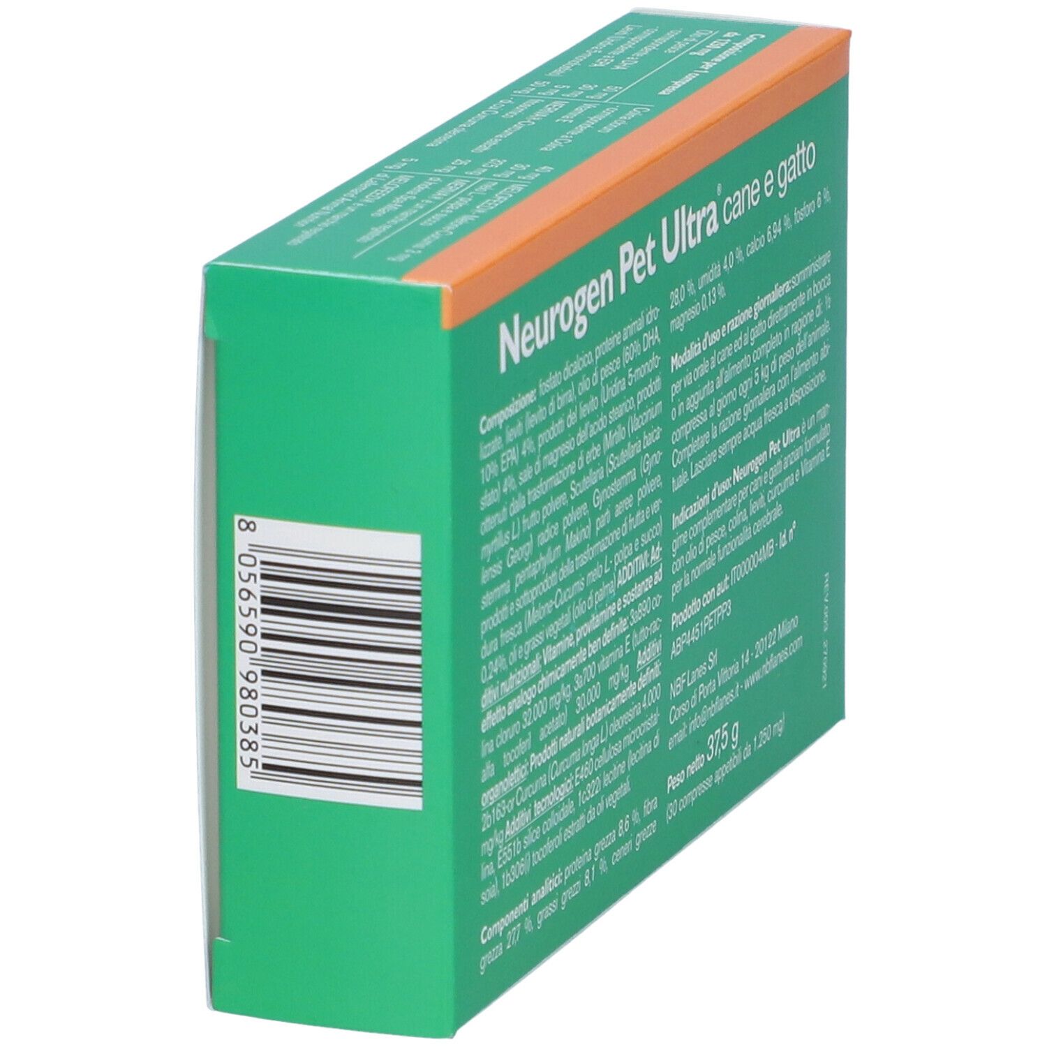 Scatola inclinata. Retro con testo e codice a barre. Logo "Neurogen Pet Ultra". Logo NBF LANES.