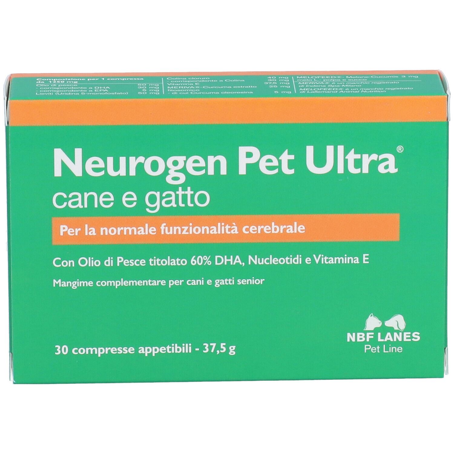 Scatola verde "Neurogen Pet Ultra". Contiene 30 compresse. Striscia arancione in alto. Logo NBF LANES.