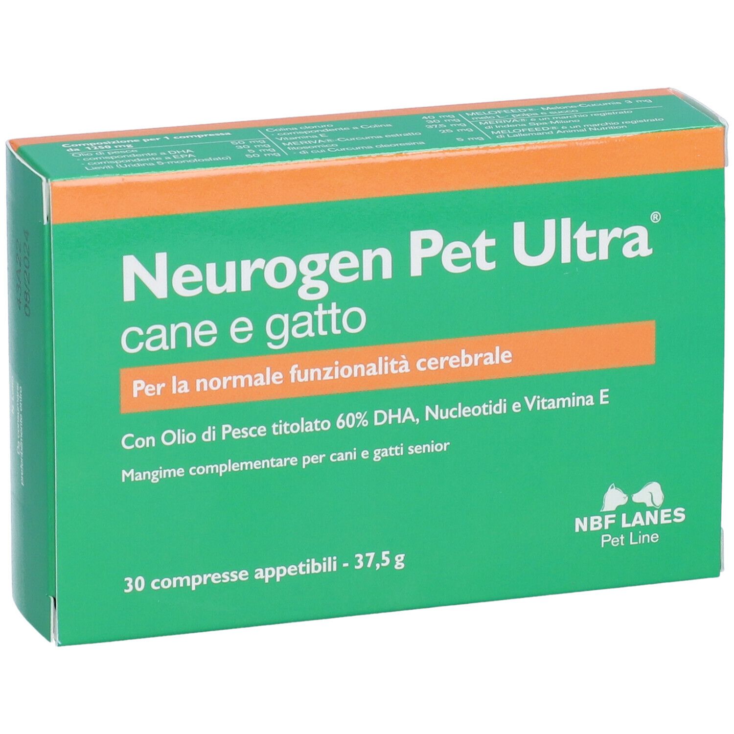 Scatola verde "Neurogen Pet Ultra". Contiene 30 compresse. Striscia arancione in alto. Logo NBF LANES.