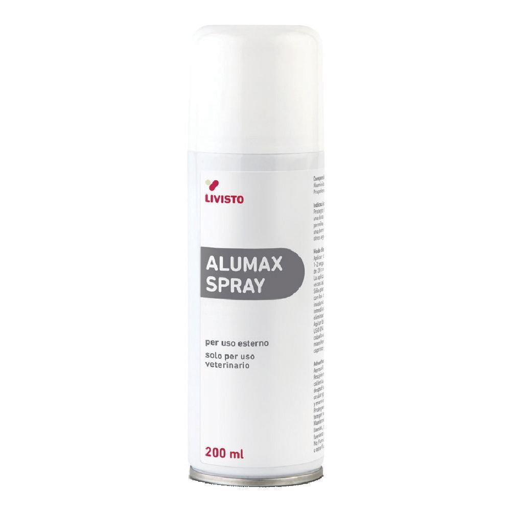 Bomboletta spray Alumax. Contenitore bianco, etichetta nera con nome e logo. 200 ml.