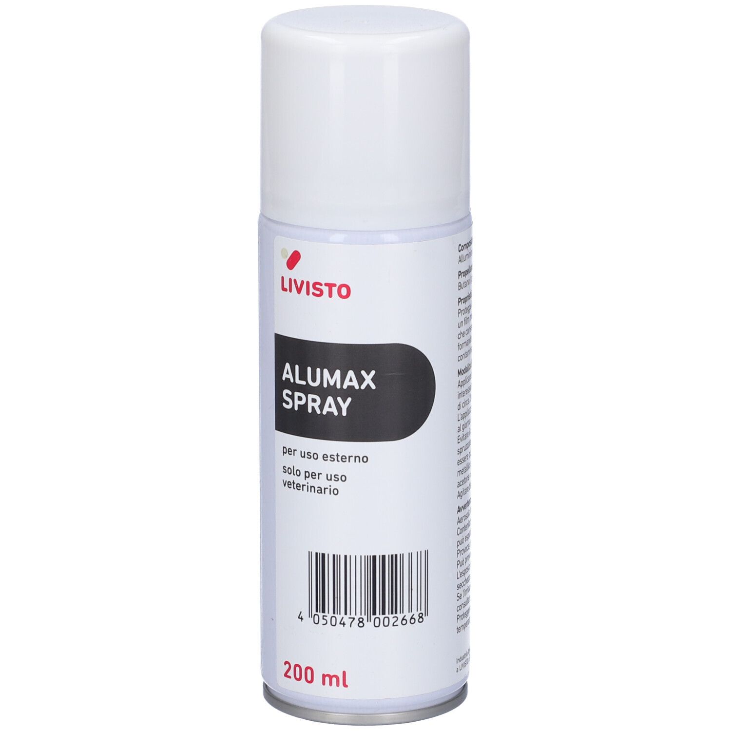 Bomboletta spray Alumax. Contenitore bianco, etichetta nera con nome e logo. Codice a barre e 200 ml.