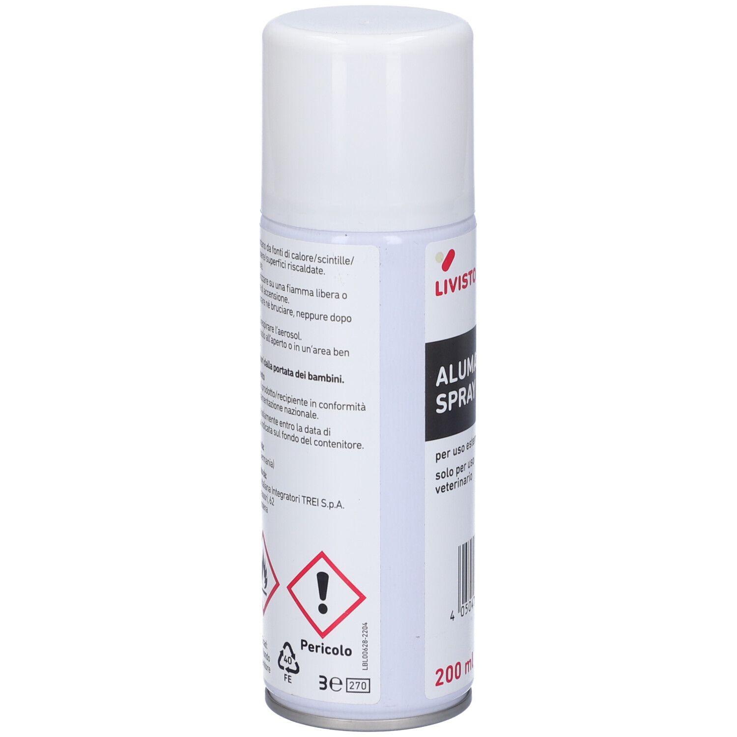Bomboletta spray Alumax. Retro con testo e simboli di avvertimento. 200 ml. Contenitore bianco.