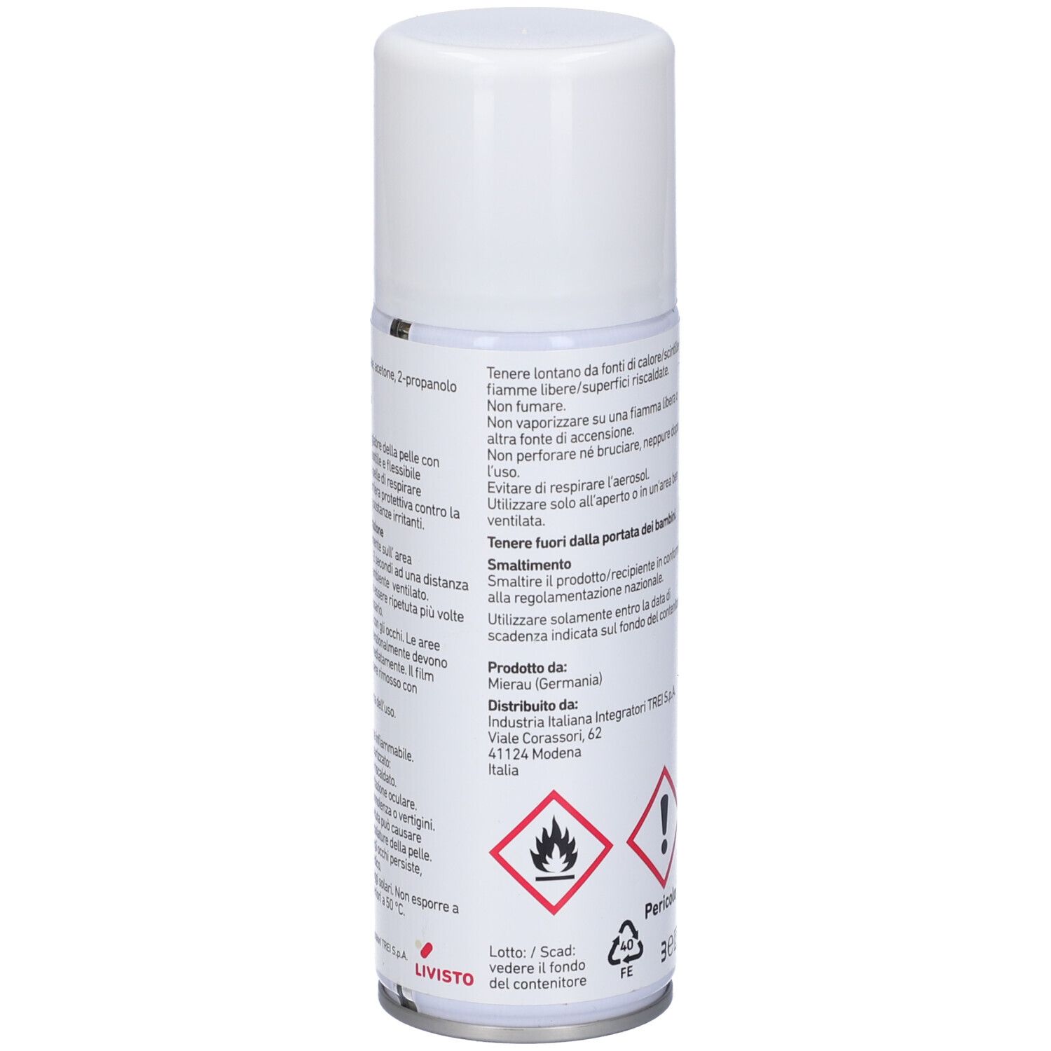 Bomboletta spray Alumax. Retro con testo e simboli di avvertimento. 200 ml. Contenitore bianco.