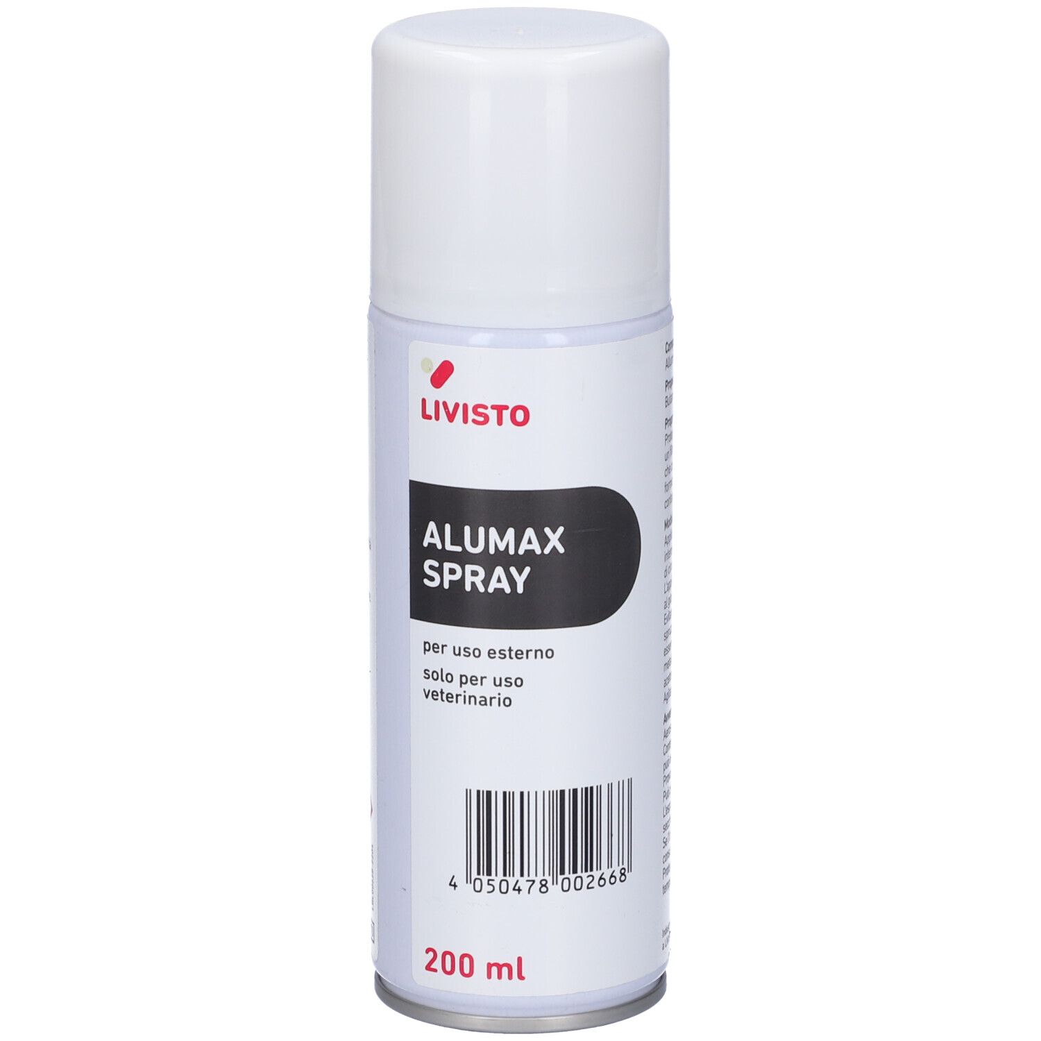 Bomboletta spray Alumax. Contenitore bianco, etichetta nera con nome e logo. Codice a barre e 200 ml.