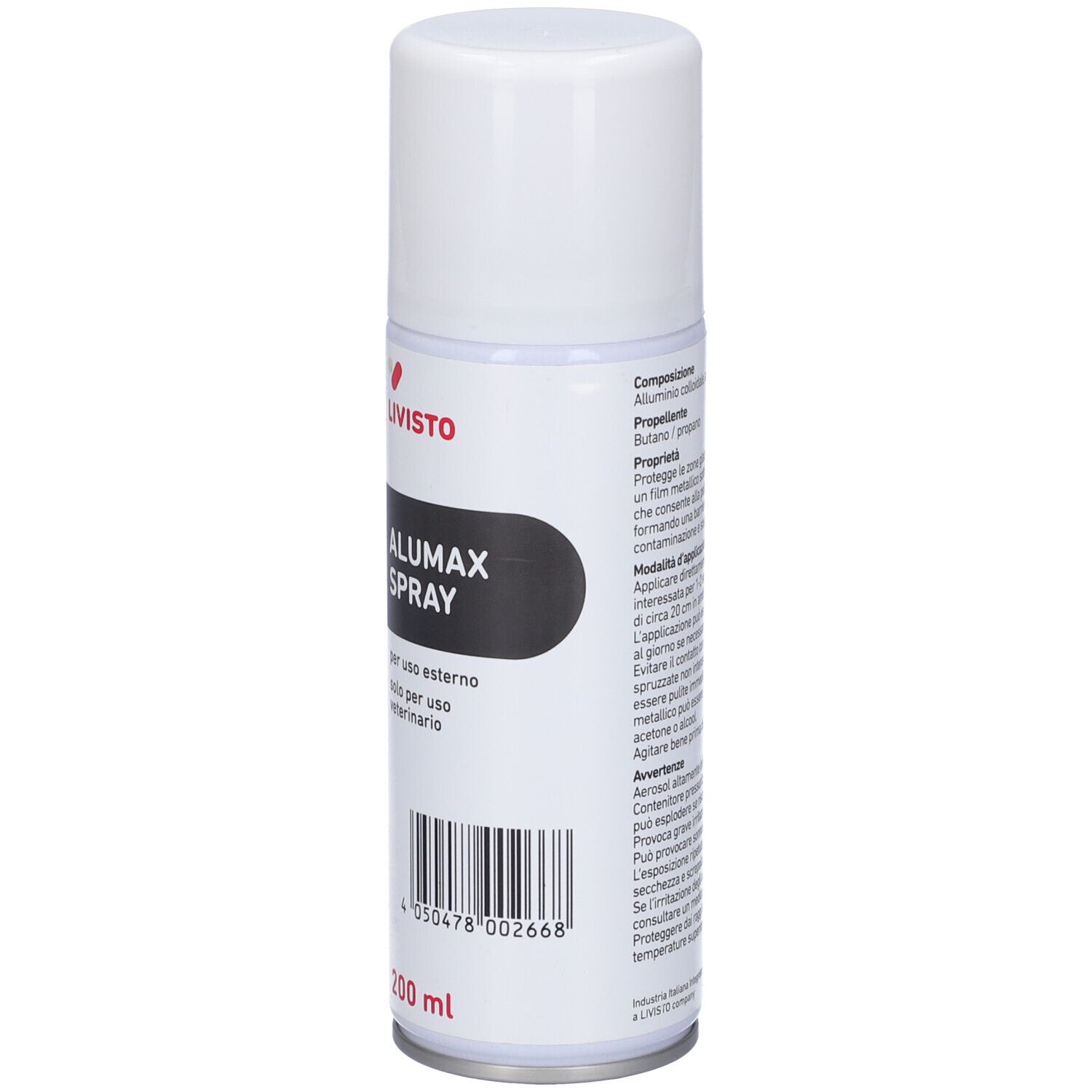 Bomboletta spray Alumax. Retro con testo e simboli di avvertimento. 200 ml. Contenitore bianco.