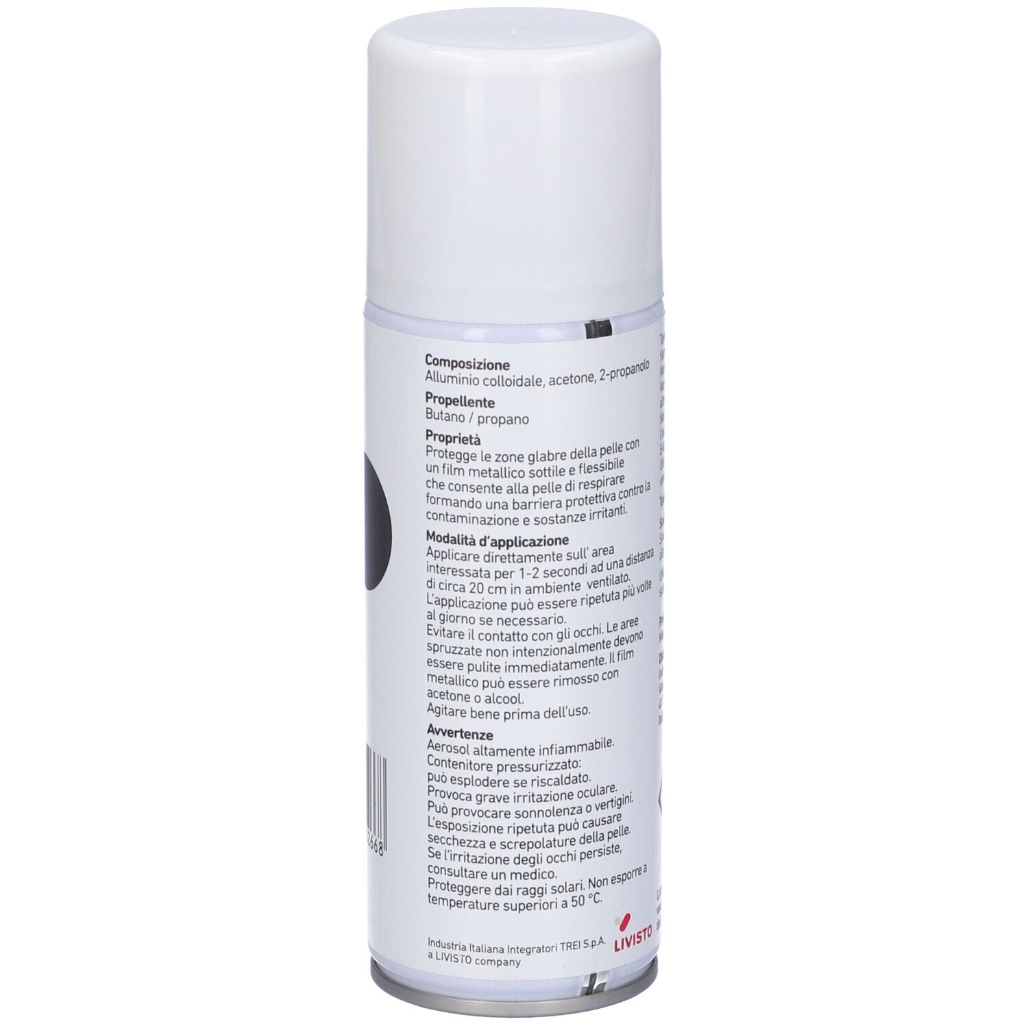 Bomboletta spray Alumax. Retro con testo e simboli di avvertimento. 200 ml. Contenitore bianco.