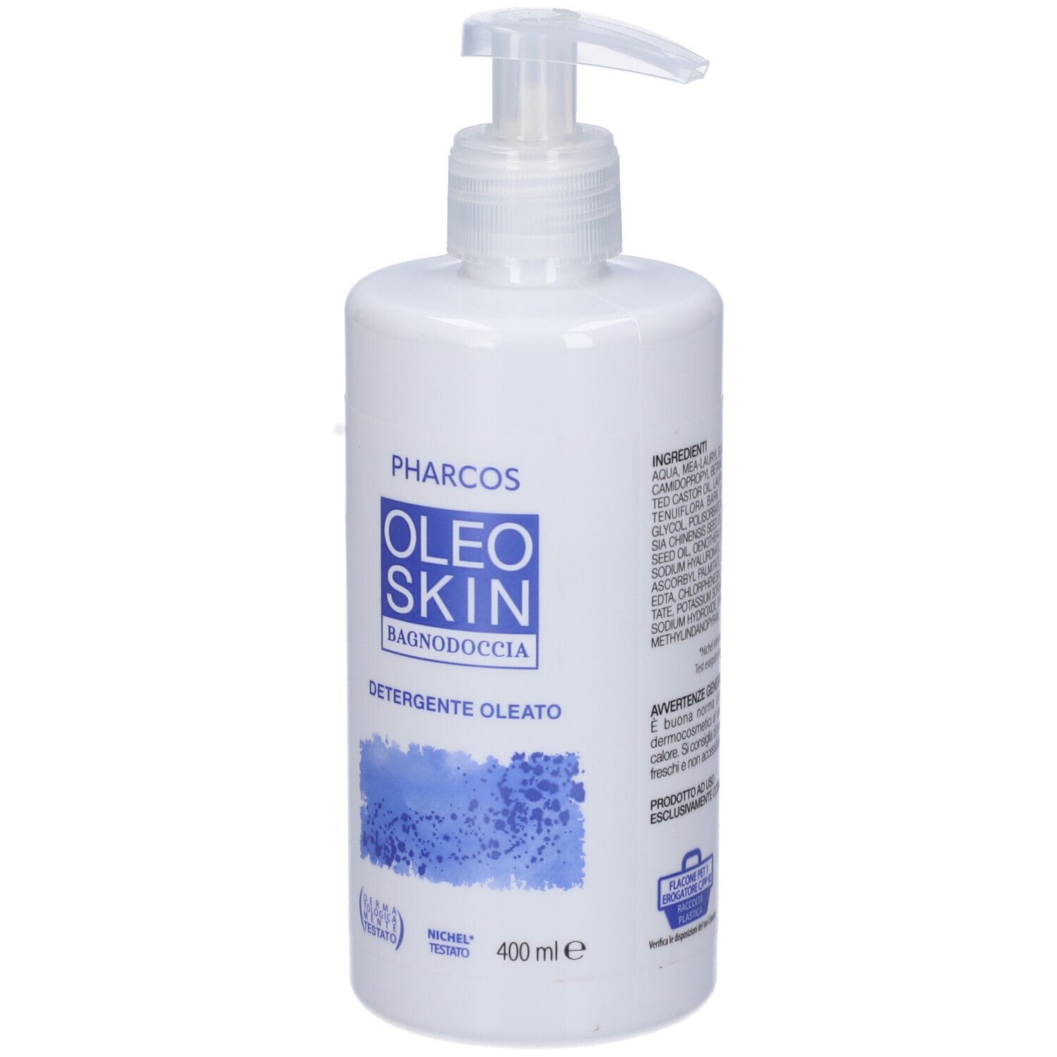 Weiße Pumpflasche mit Oleo Skin Duschgel, 400 ml.