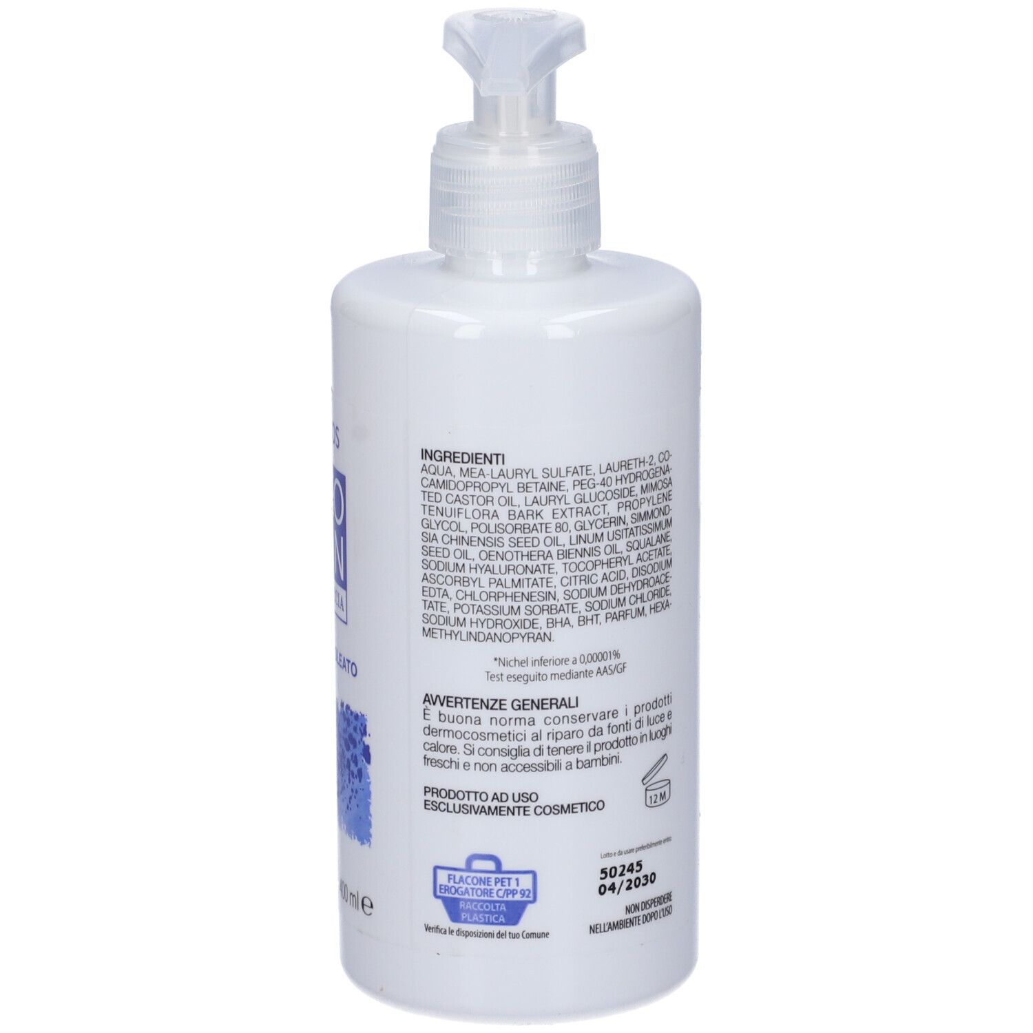 Weiße Pumpflasche mit Inhaltsstoffliste und Produktinformationen.
