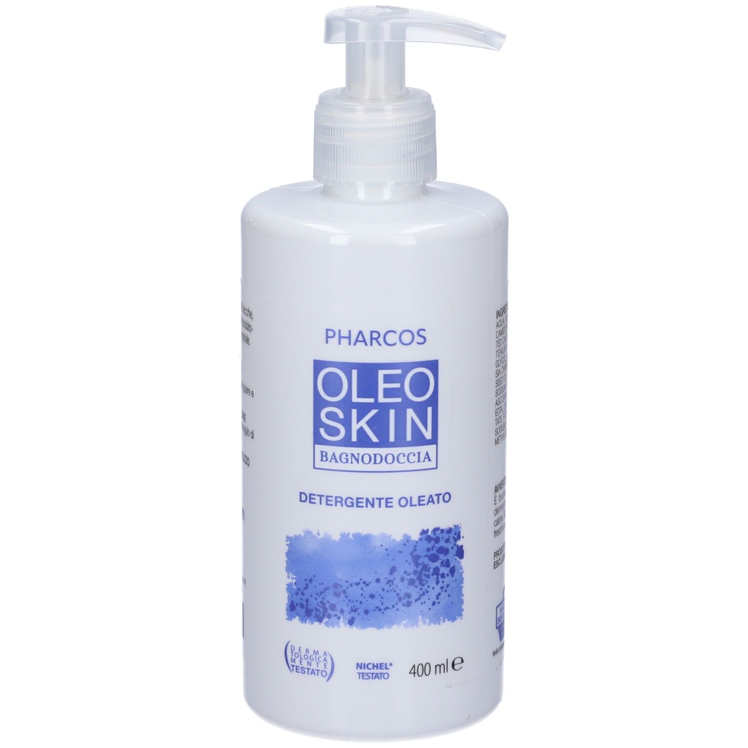 Weiße Pumpflasche mit Oleo Skin Duschgel, 400 ml.