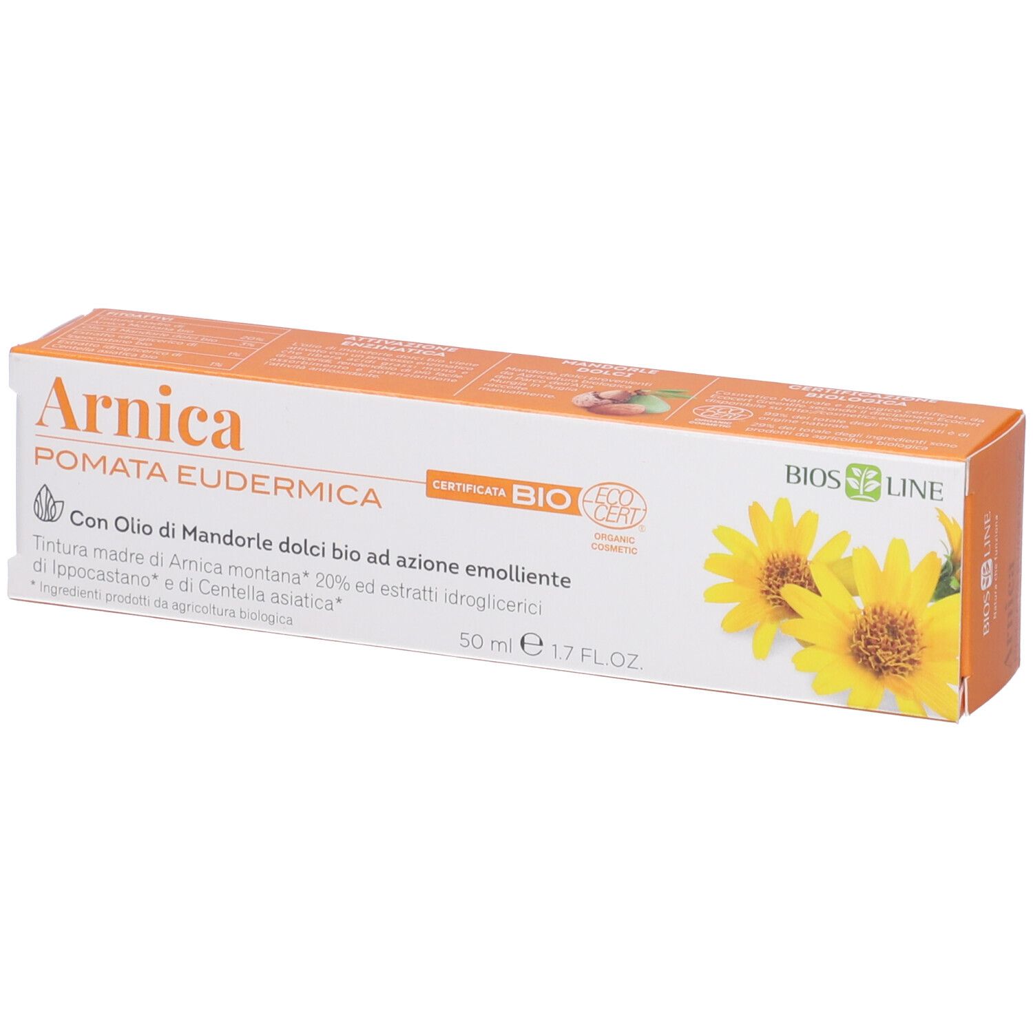 Confezione del prodotto, bianca e arancione. Nome del prodotto, certificazione, fiori gialli. Testo in italiano.