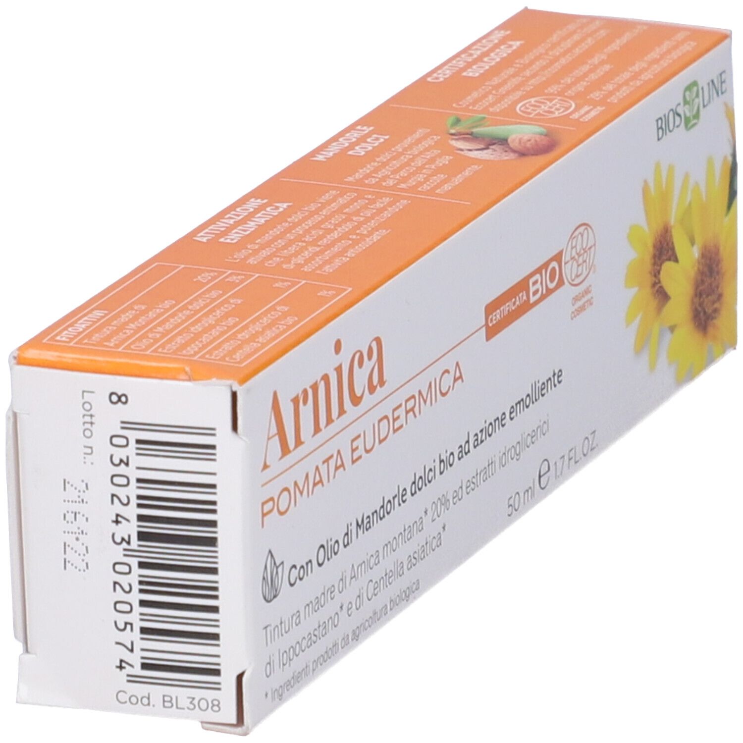 Scatola, bianca e arancione, in diagonale. Nome del prodotto, codice a barre, certificazione, testo in italiano.