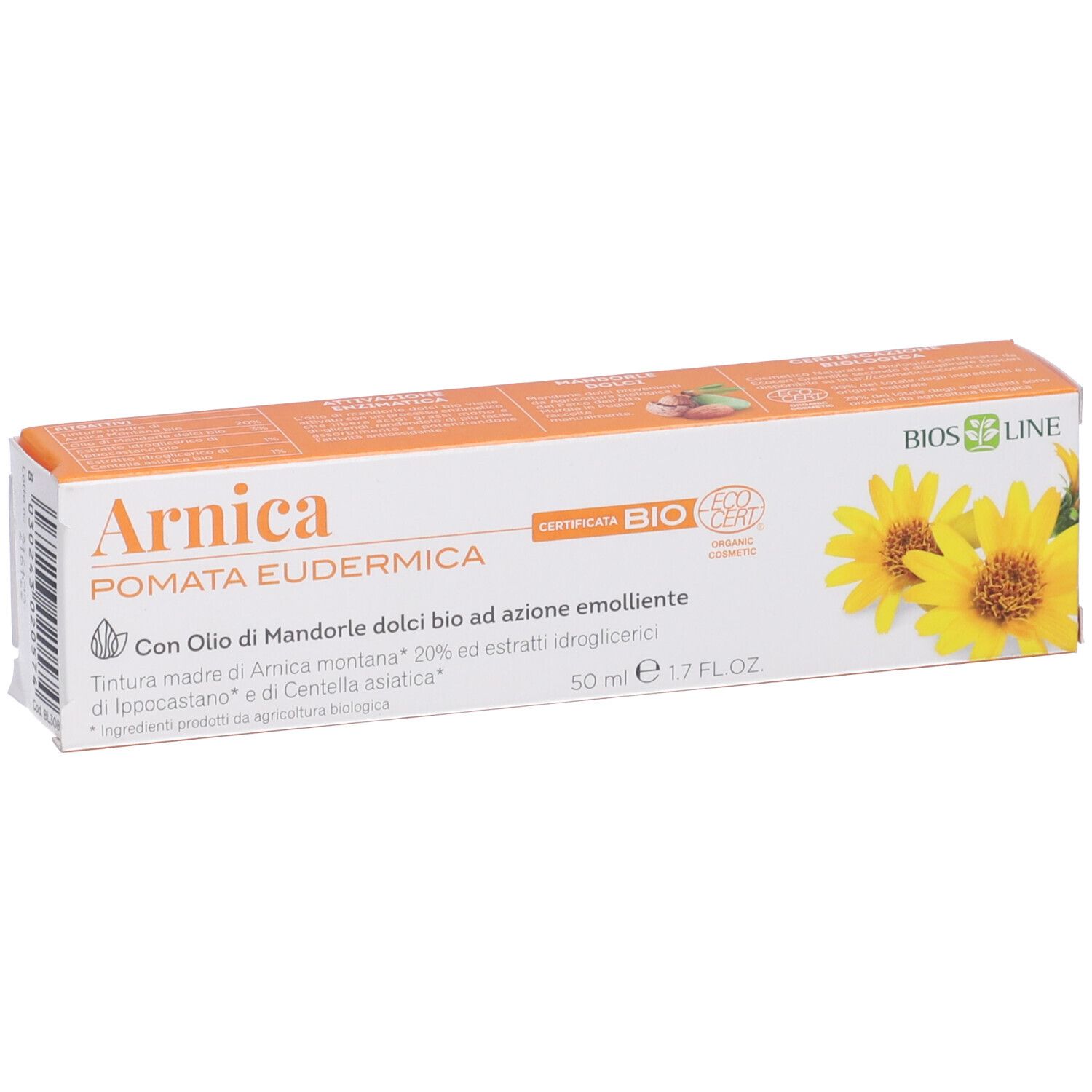 Confezione del prodotto, bianca e arancione. Nome del prodotto, certificazione, fiori gialli. Testo in italiano.