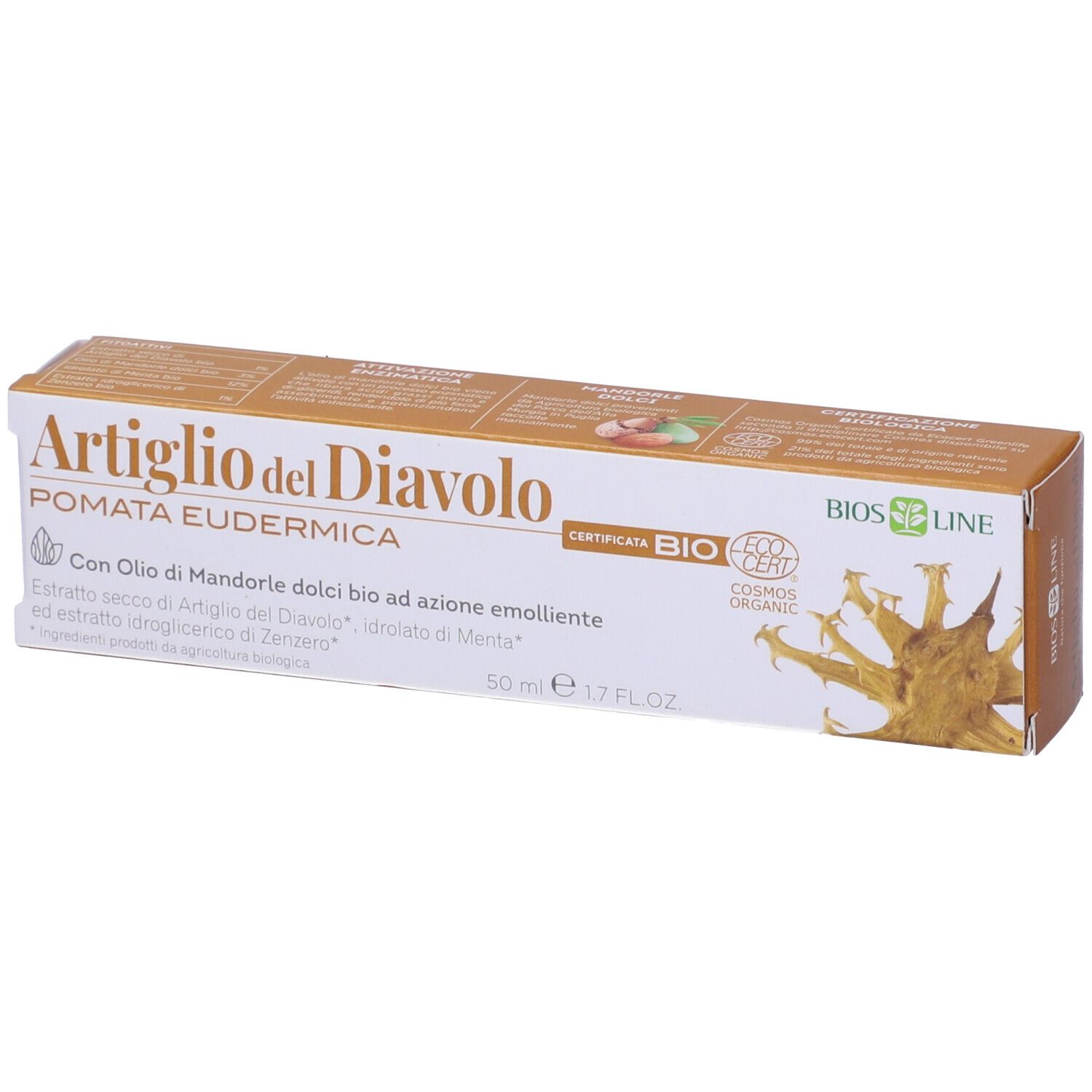 Confezione del prodotto. Scritta: Artiglio del Diavolo, Pomata Eudermica. Certificazione Bio Ecocert. Logo e nome visibili.