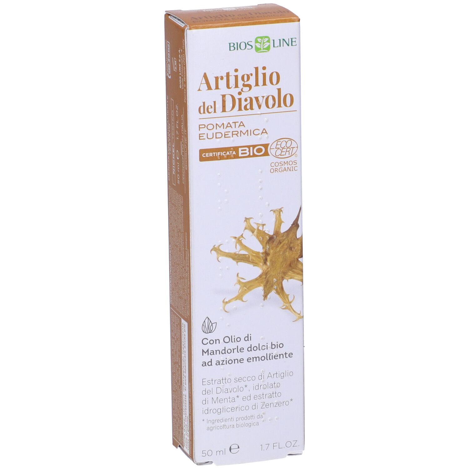 Confezione del prodotto. Scritta: Artiglio del Diavolo, Pomata Eudermica. Certificazione Bio Ecocert. Logo e nome visibili.