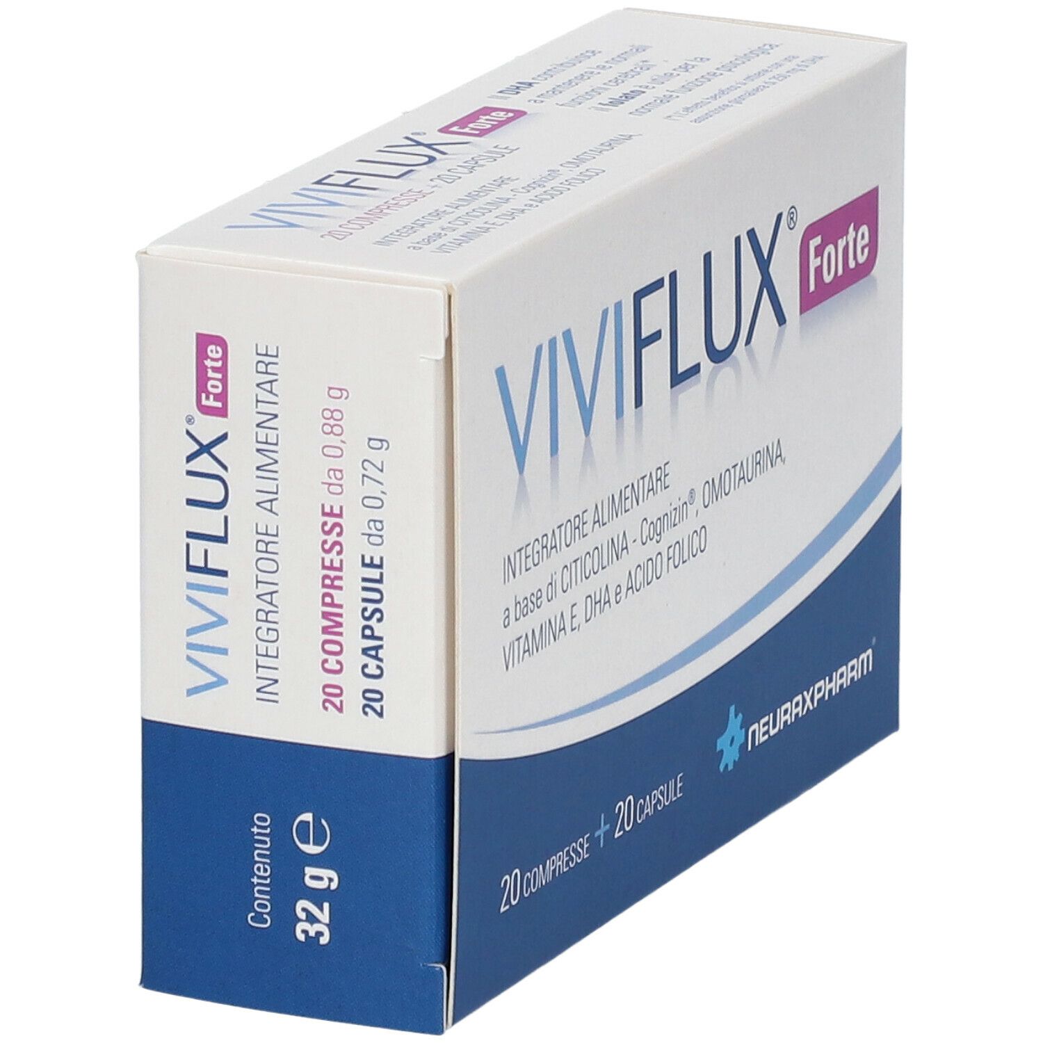Boîte de VIVIFLUX® Forte. Contient 20 comprimés et 20 gélules. Boîte blanche et bleue avec nom du produit et ingrédients.