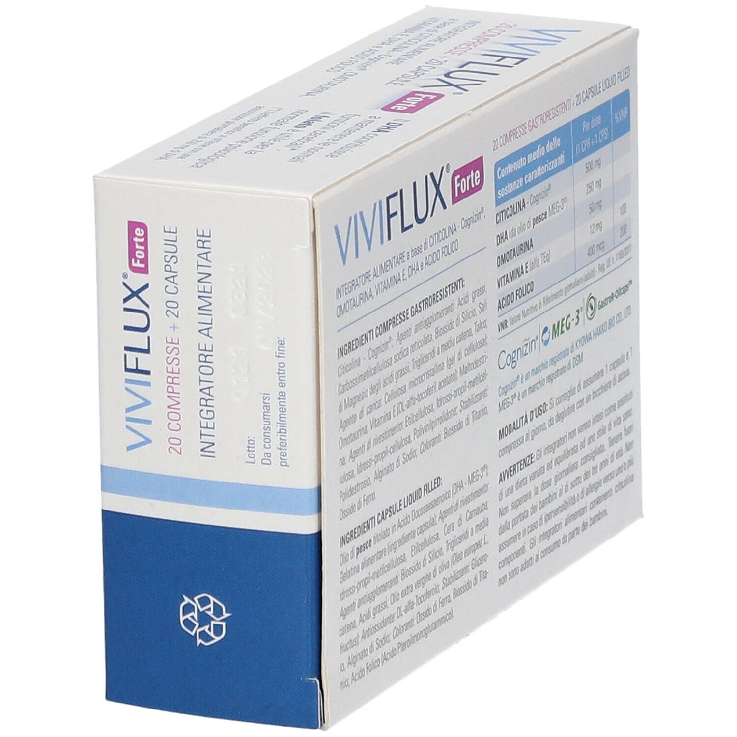 Boîte de VIVIFLUX® Forte. Contient 20 comprimés et 20 gélules. Arrière de la boîte avec ingrédients et informations.