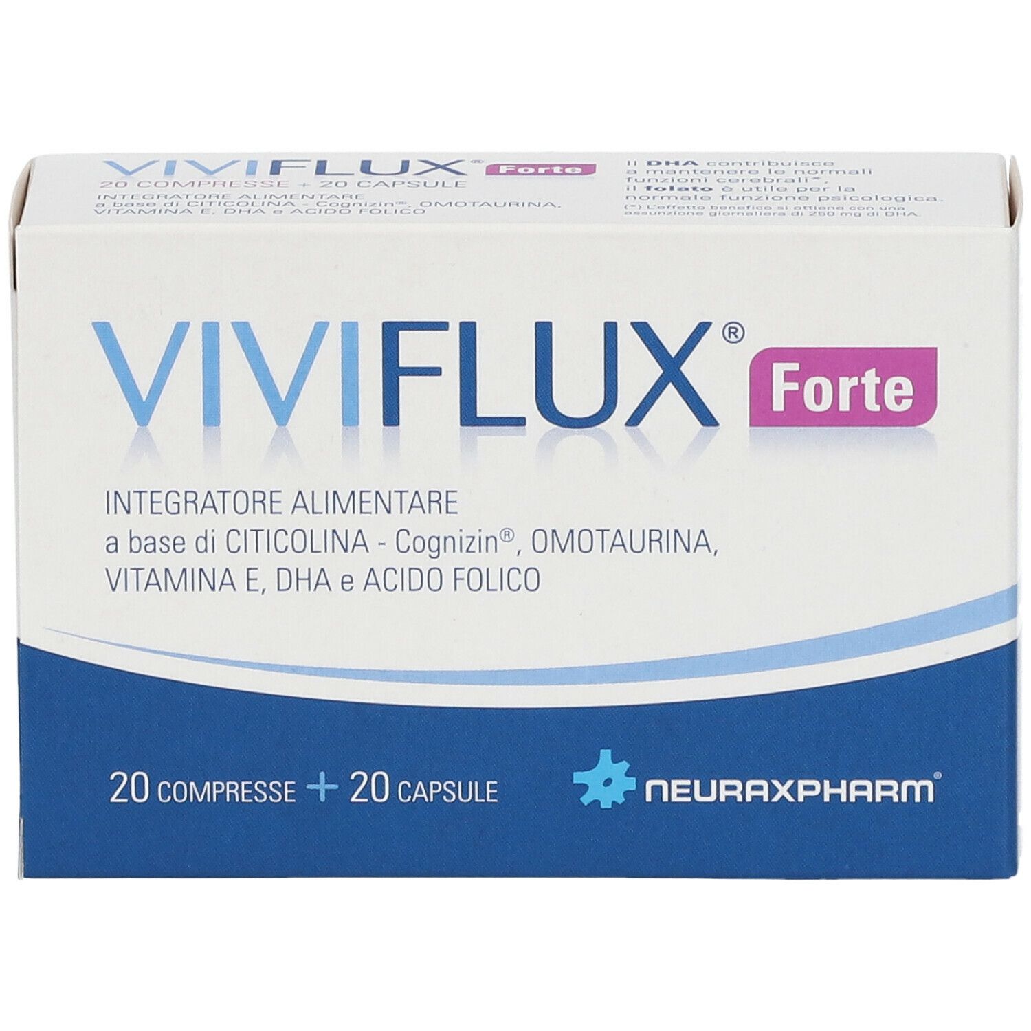 Boîte de VIVIFLUX® Forte. Contient 20 comprimés et 20 gélules. Boîte blanche et bleue avec nom du produit et ingrédients.