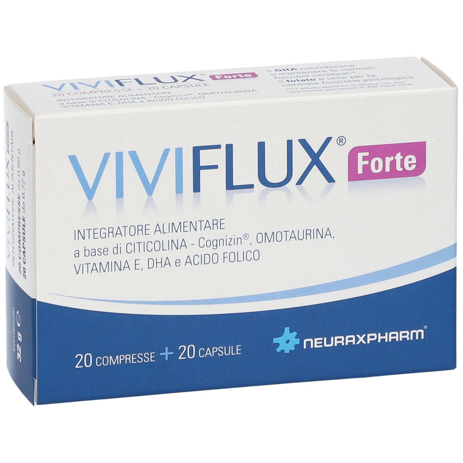 Boîte de VIVIFLUX® Forte. Contient 20 comprimés et 20 gélules. Boîte blanche et bleue avec nom du produit et ingrédients.