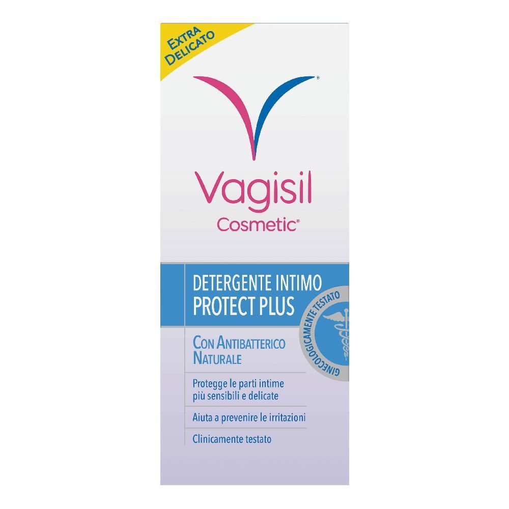 Vagisil Cosmetic Detergente Intimo Protect Plus. Confezione con informazioni e logo. Etichetta 'Extra delicato'.