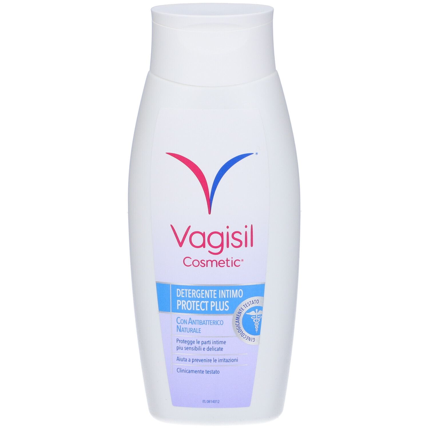 Vagisil Cosmetic Detergente Intimo Protect Plus. Flacone bianco con etichetta blu. Nome prodotto e logo visibili.