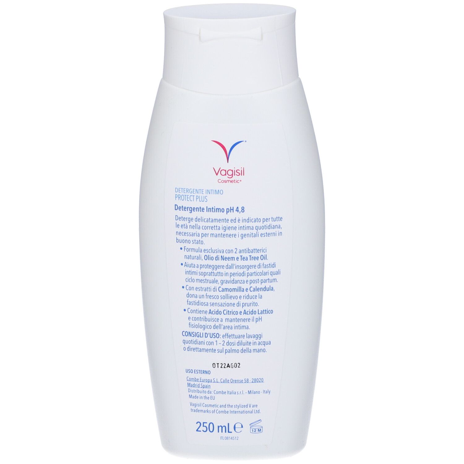 Vagisil Cosmetic Detergente Intimo Protect Plus. Retro del flacone. Informazioni e logo visibili.