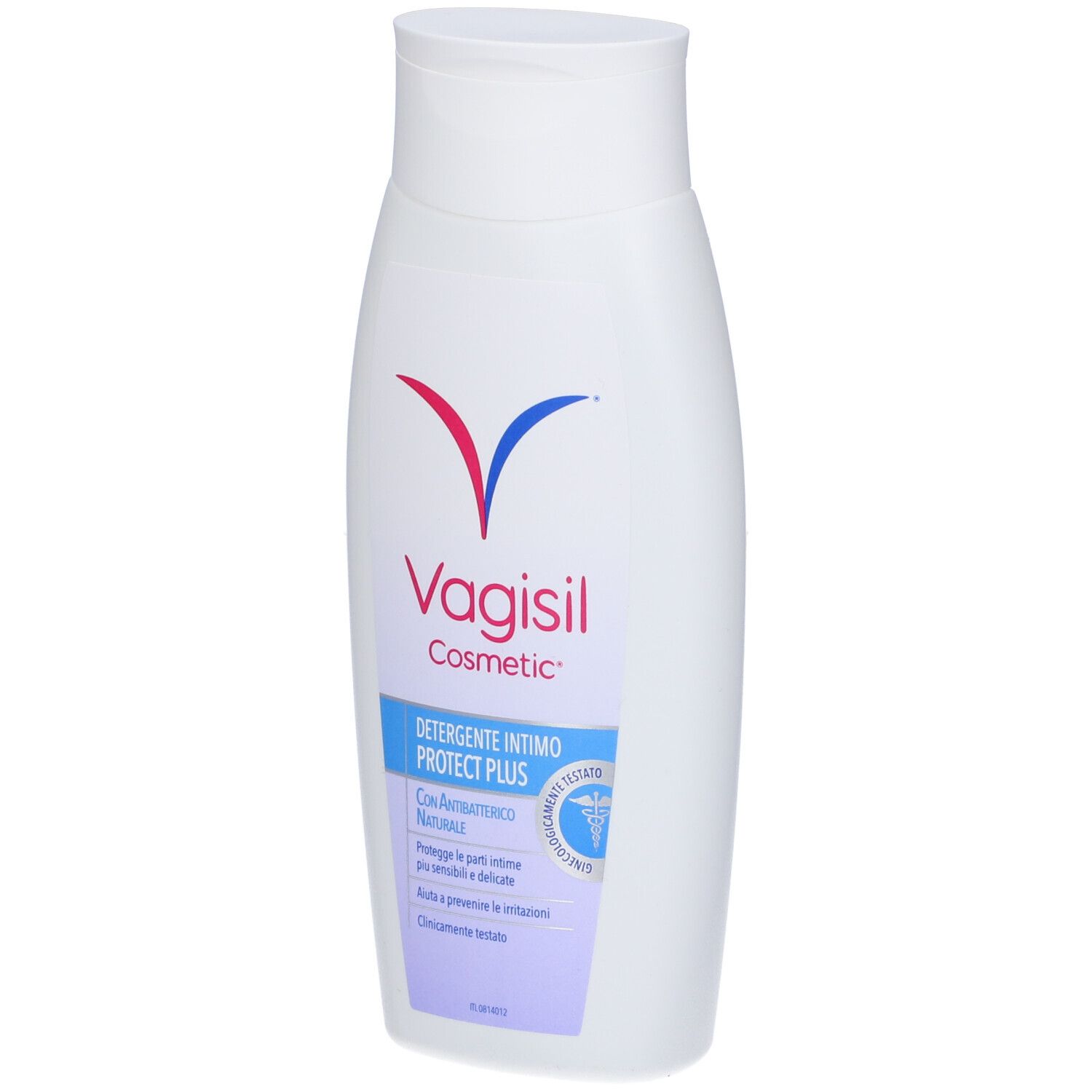 Vagisil Cosmetic Detergente Intimo Protect Plus. Flacone bianco con etichetta blu. Nome prodotto e logo visibili.