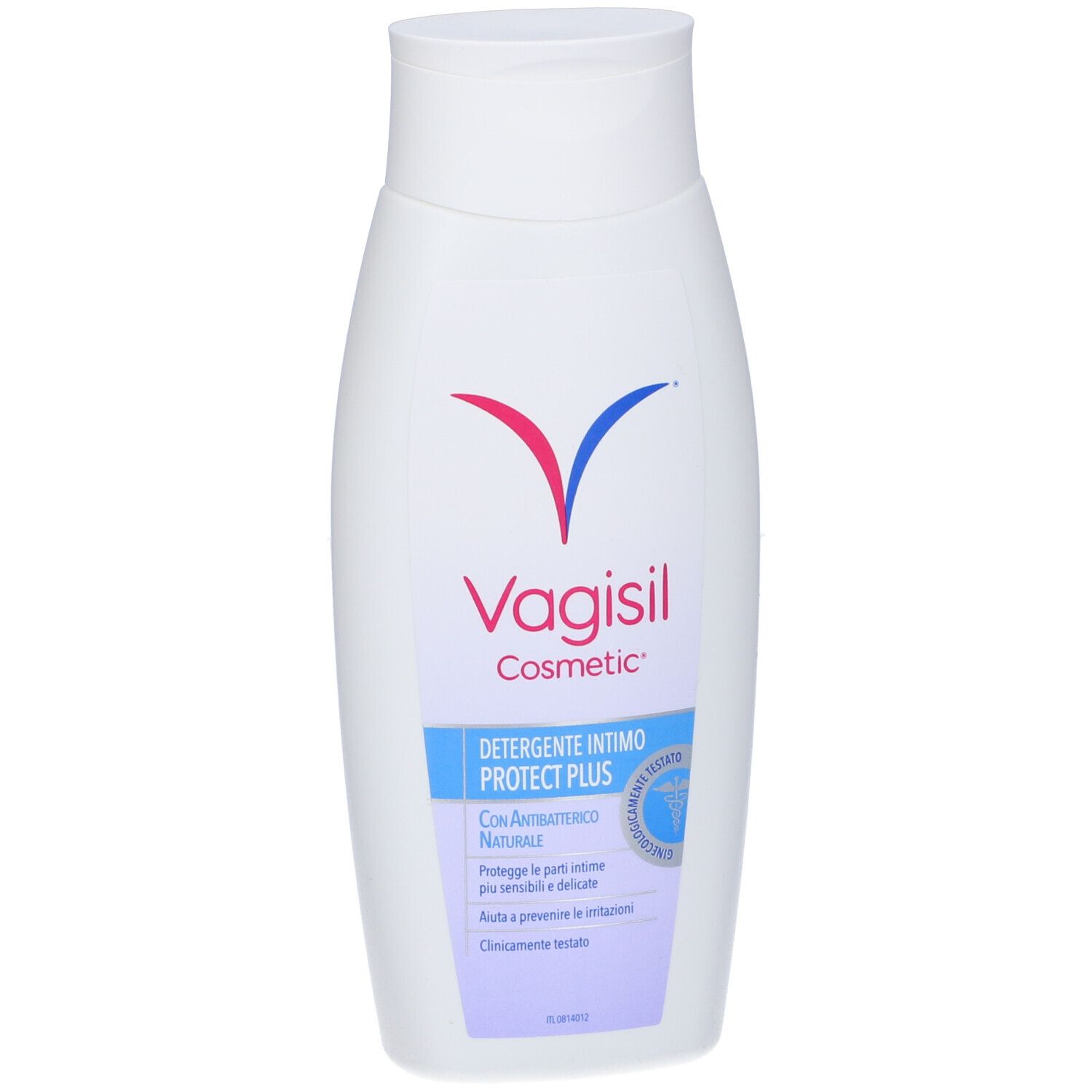 Vagisil Cosmetic Detergente Intimo Protect Plus. Flacone bianco con etichetta blu. Nome prodotto e logo visibili.