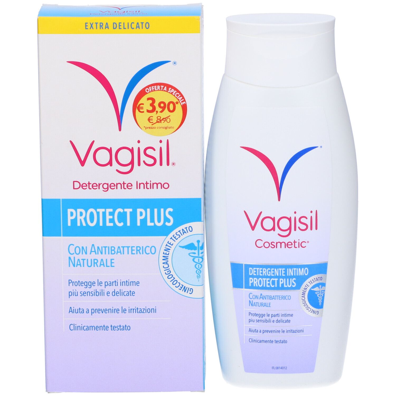 Vagisil Cosmetic Detergente Intimo Protect Plus. Prodotto e confezione affiancati. Etichetta prezzo visibile.