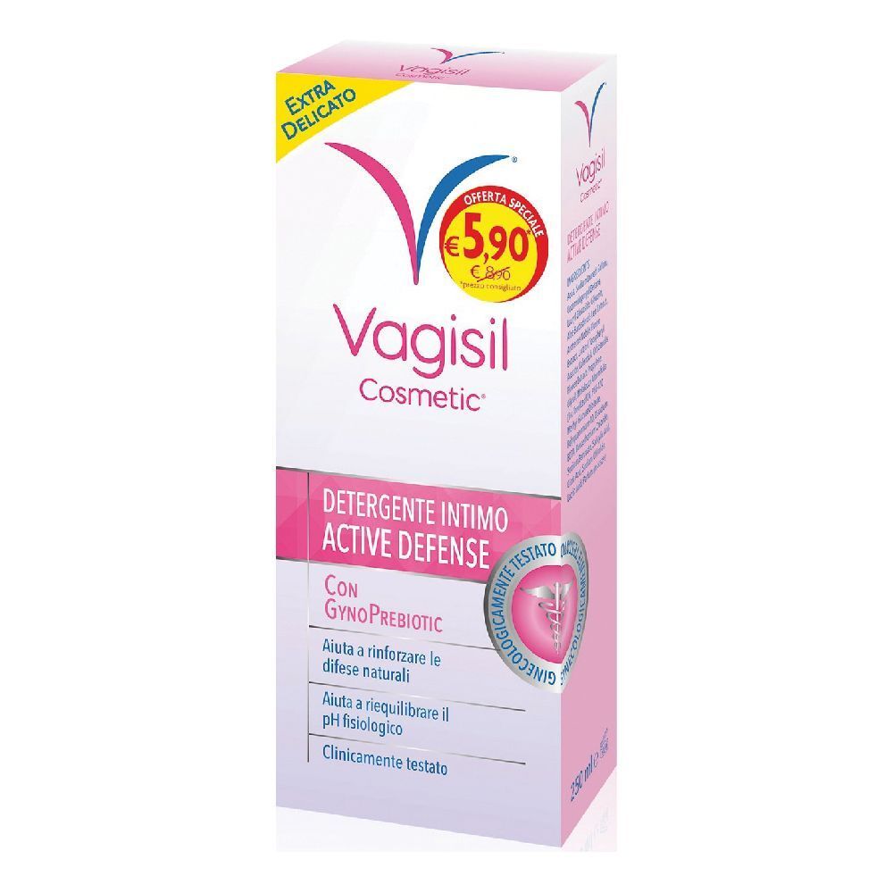 Confezione di Vagisil Cosmetic, detergente intimo. Scatola rosa e bianca con informazioni sul prodotto e logo.
