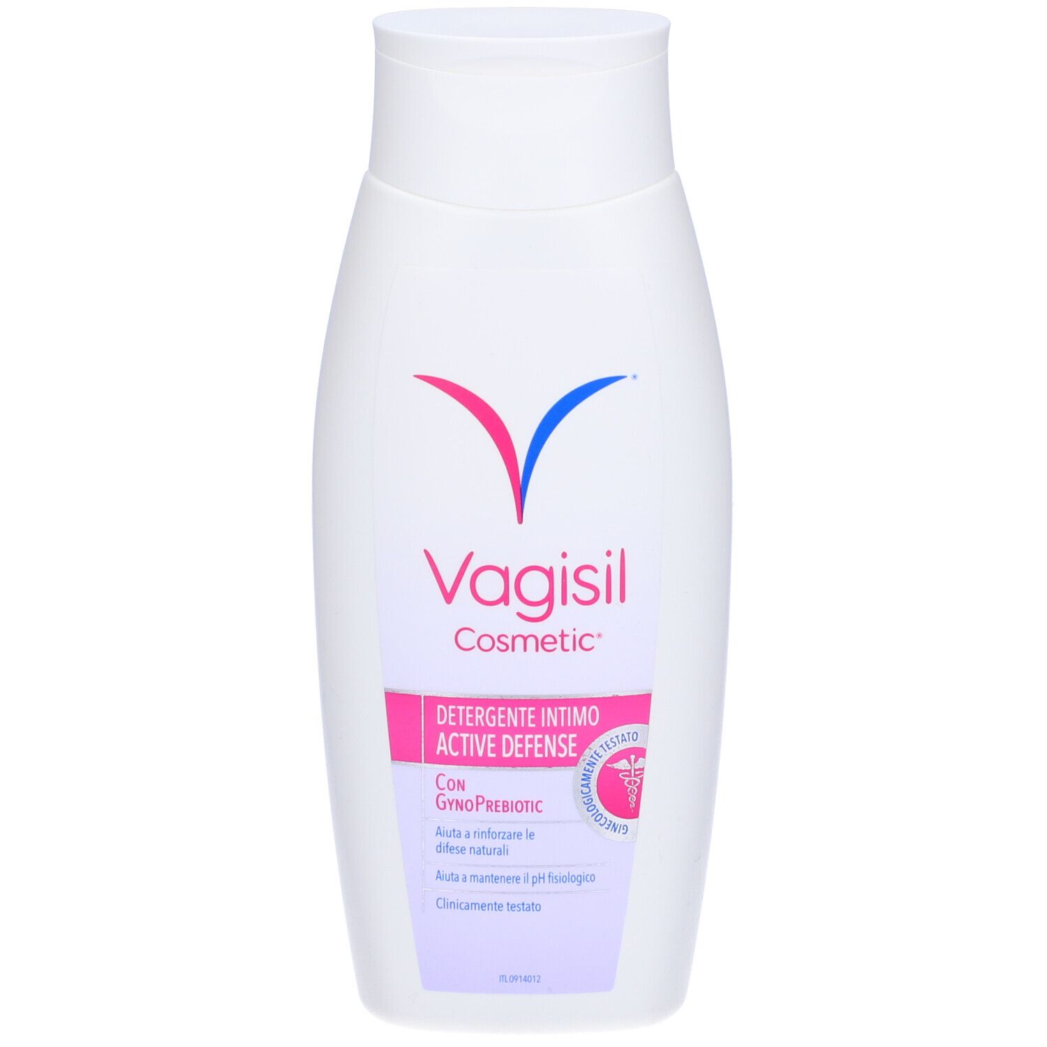 Flacone bianco di Vagisil Cosmetic, detergente intimo. Nome del prodotto e informazioni sull'etichetta.