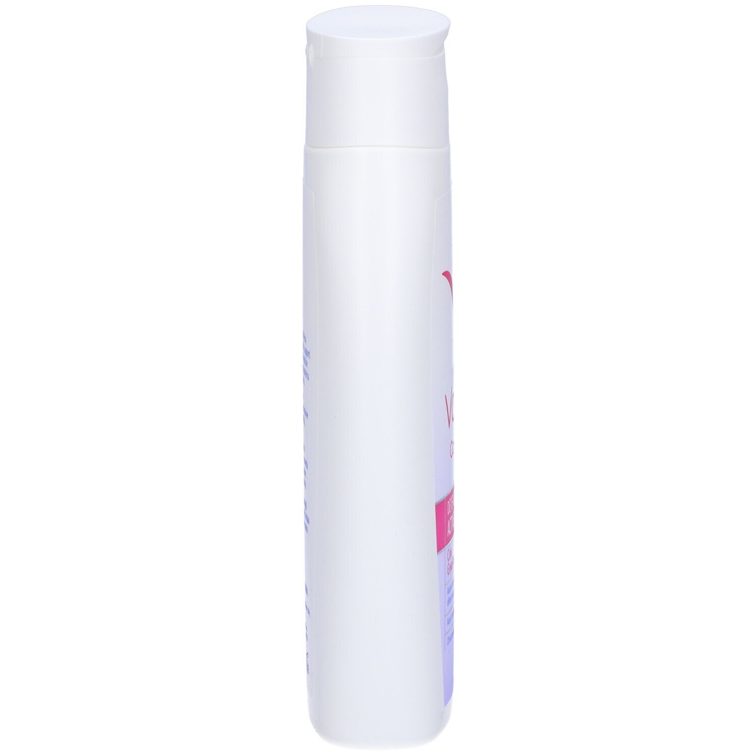 Flacone bianco di Vagisil Cosmetic, detergente intimo. Vista laterale, mostra la forma e l'etichetta.