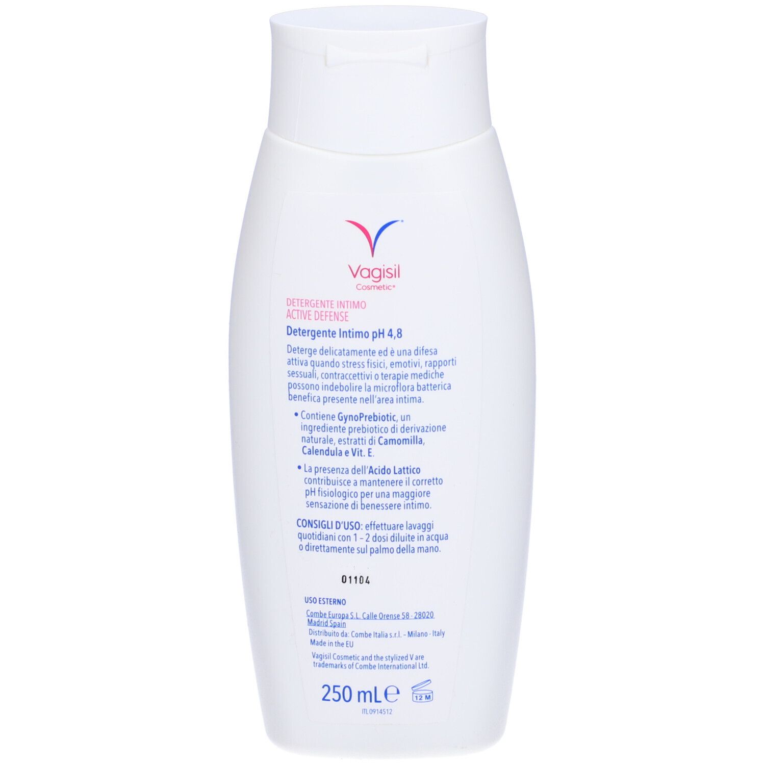 Retro del flacone bianco di Vagisil Cosmetic, detergente intimo. Informazioni testuali e ingredienti.