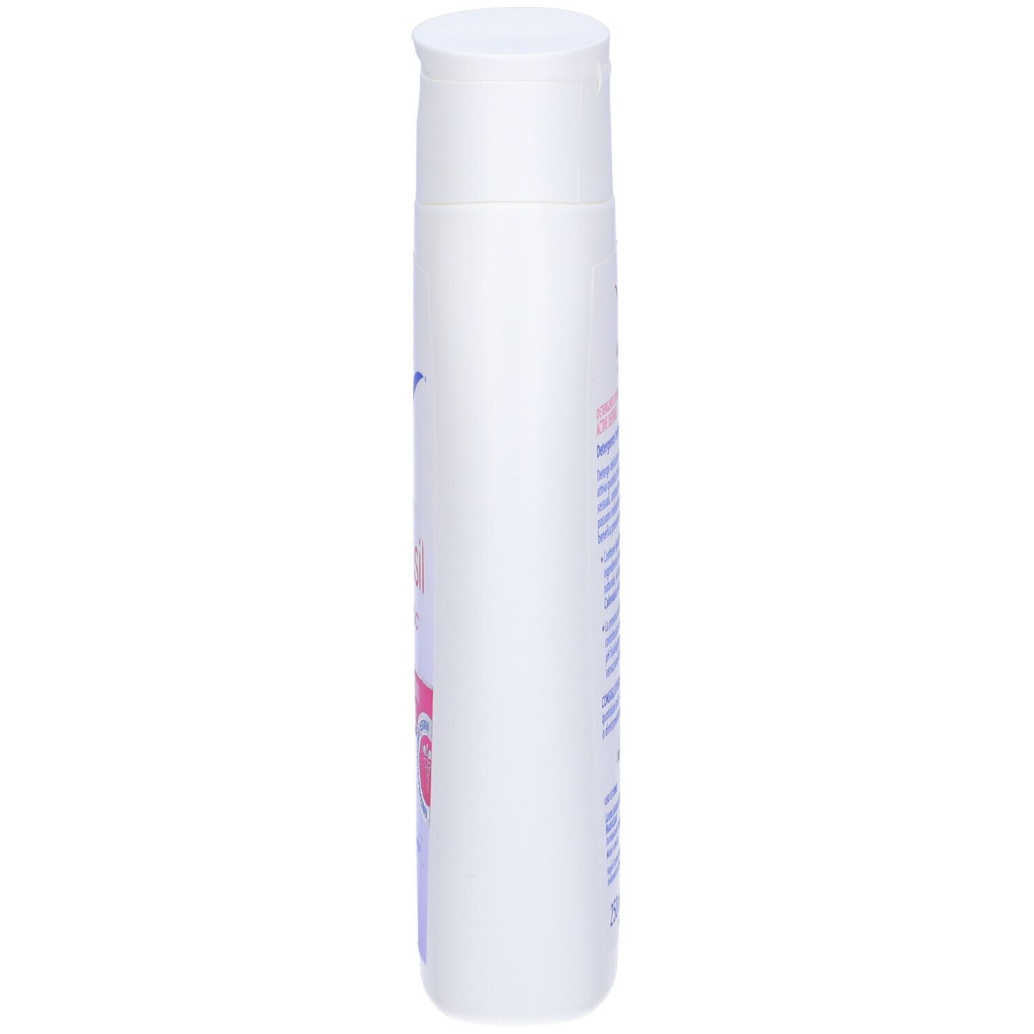 Flacone bianco di Vagisil Cosmetic, detergente intimo. Vista laterale, mostra la forma e l'etichetta.