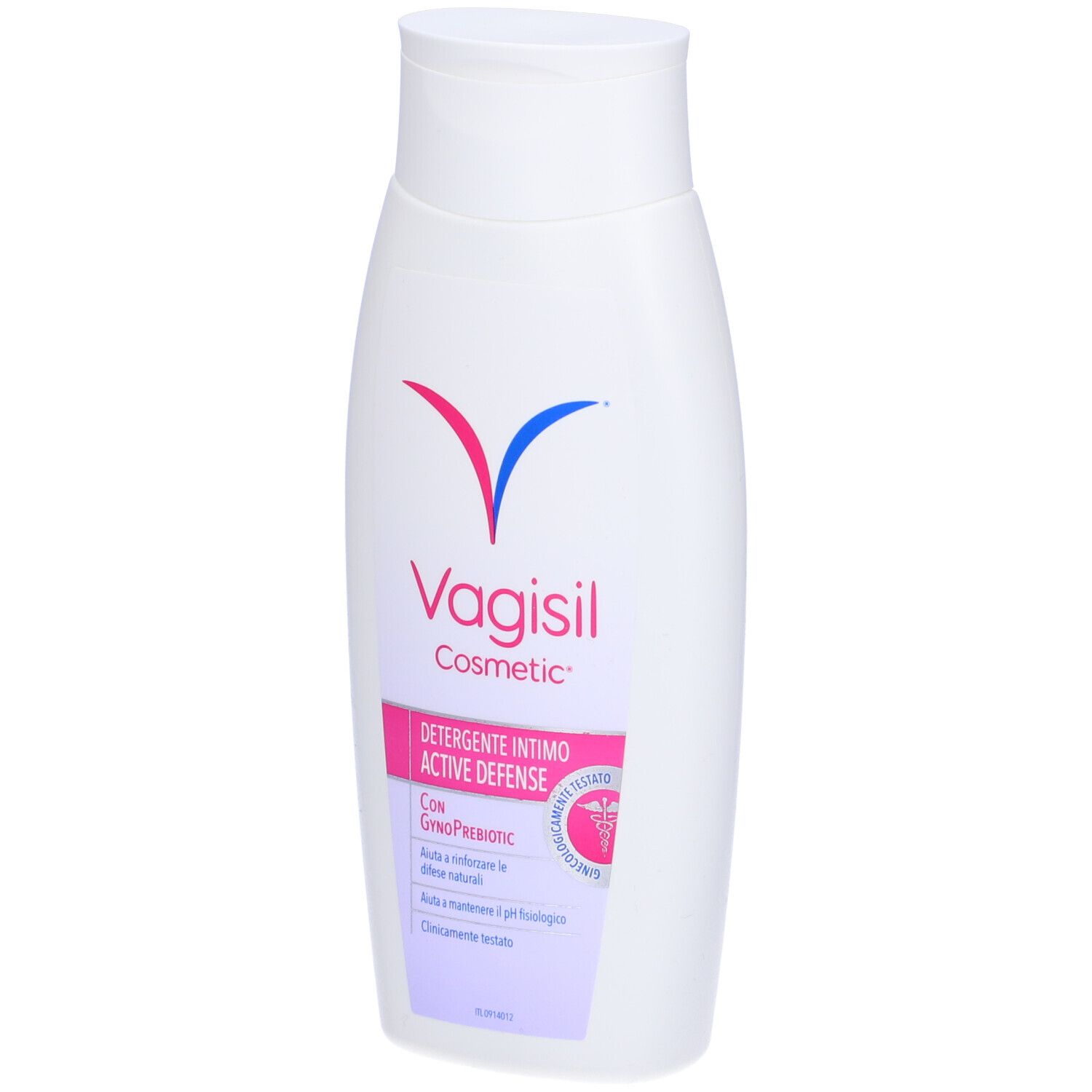 Flacone bianco di Vagisil Cosmetic, detergente intimo. Nome del prodotto e informazioni sull'etichetta.